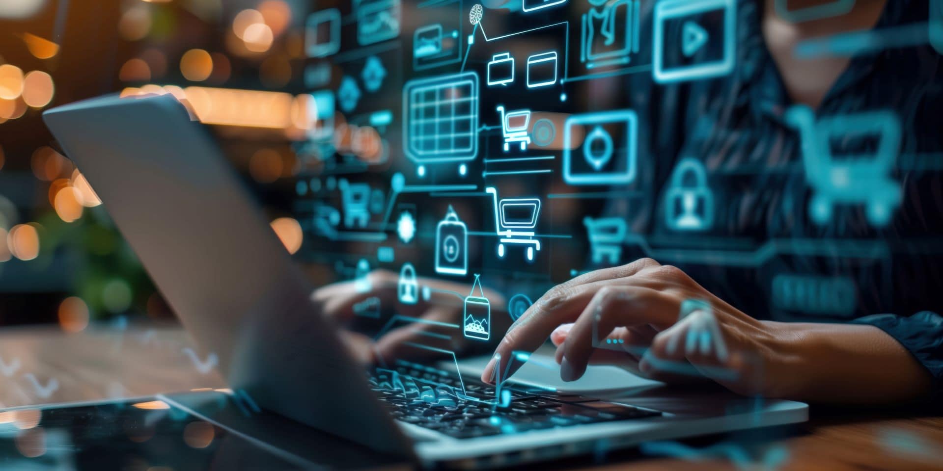Person using laptop with digital screen overlay