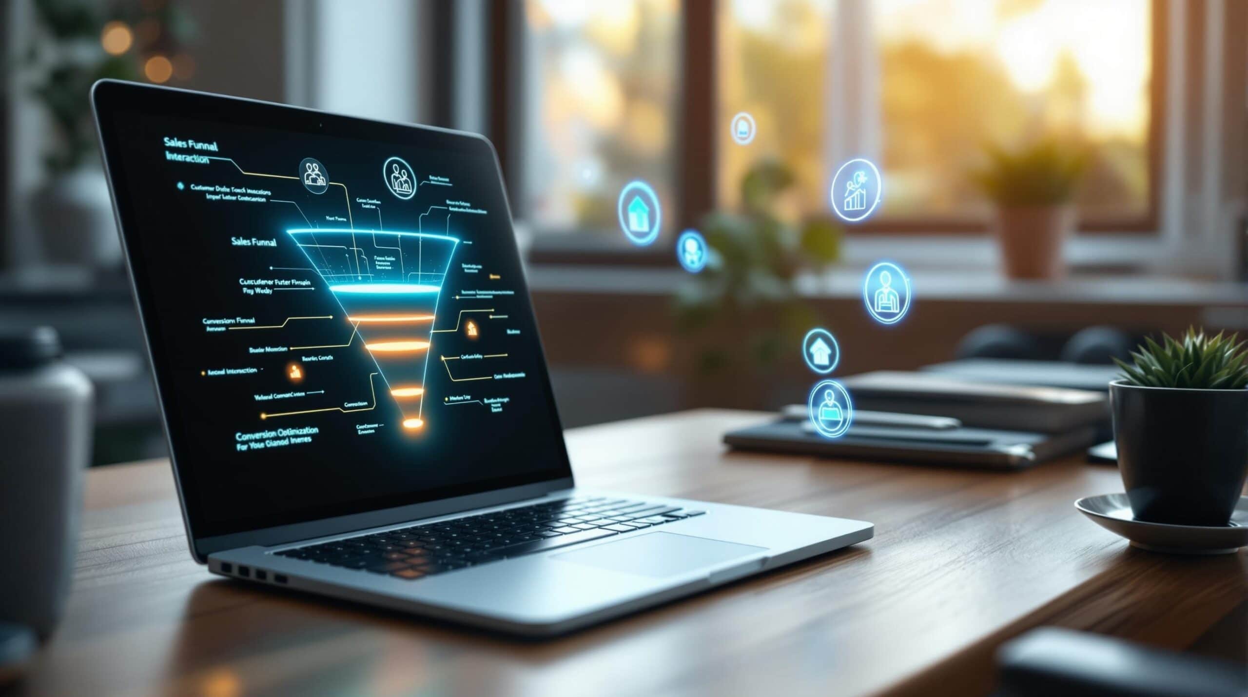 Laptop computer displaying a sales funnel diagram.