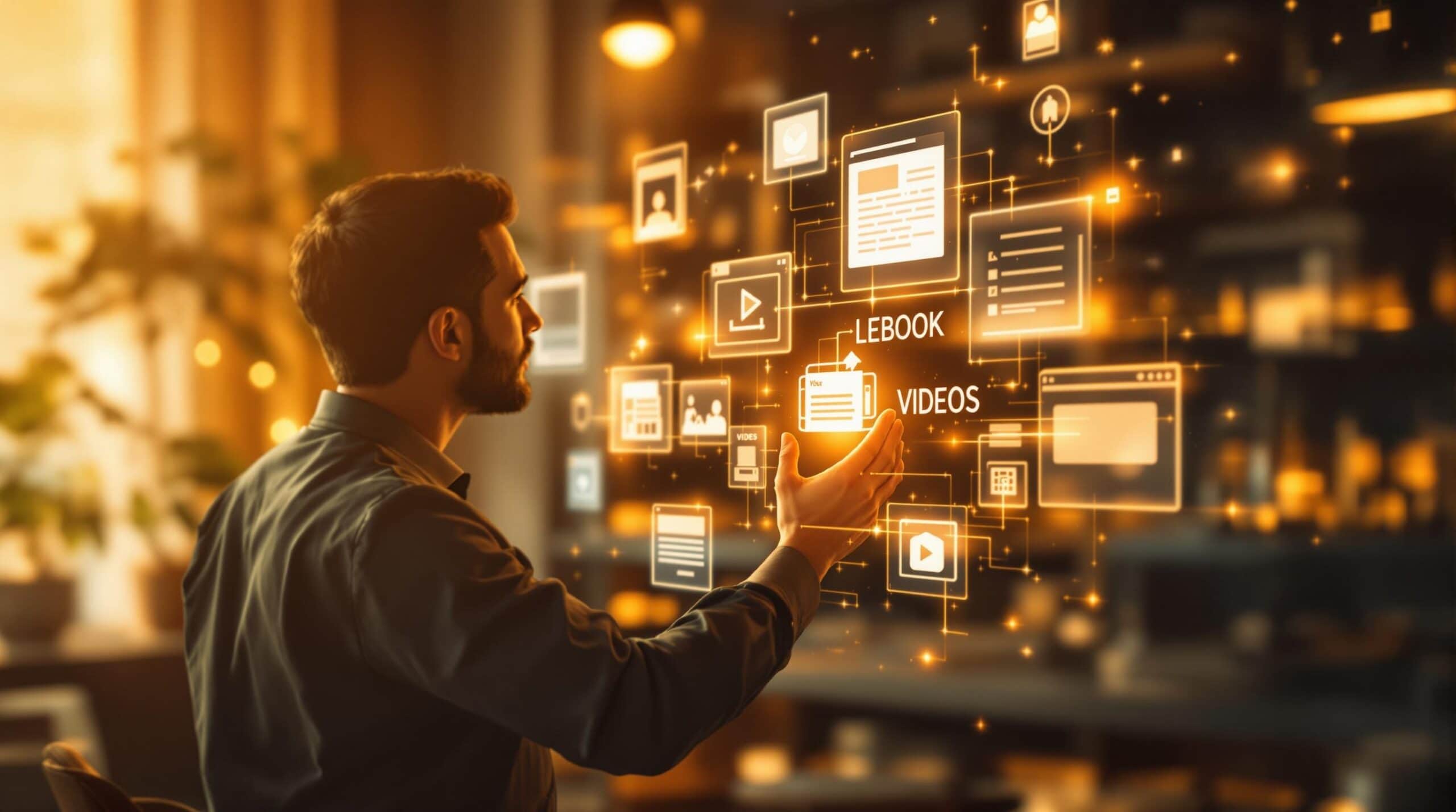 Homme interagissant avec interface virtuelle numérique lumineuse.