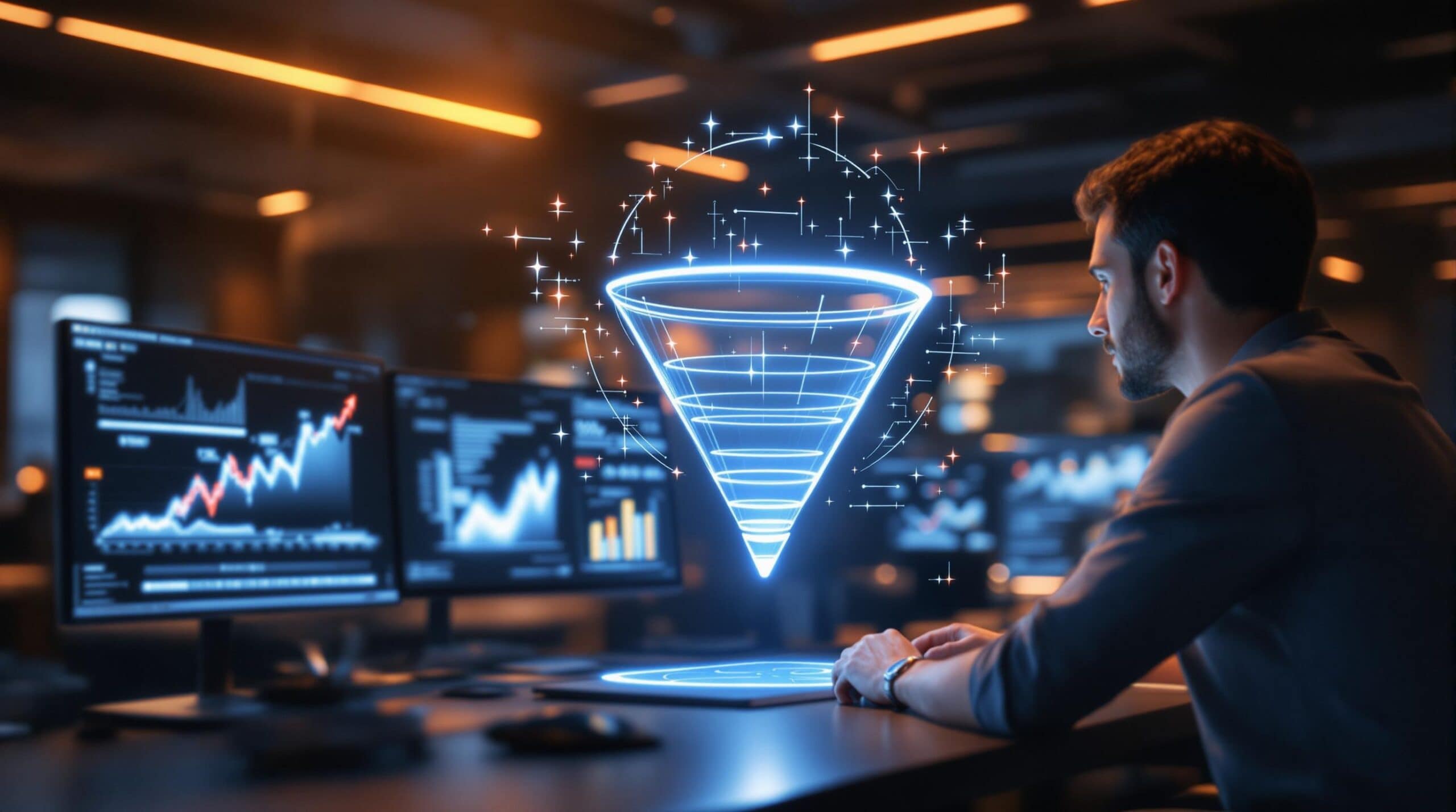 Man analyzing digital data and illuminated digital funnel.