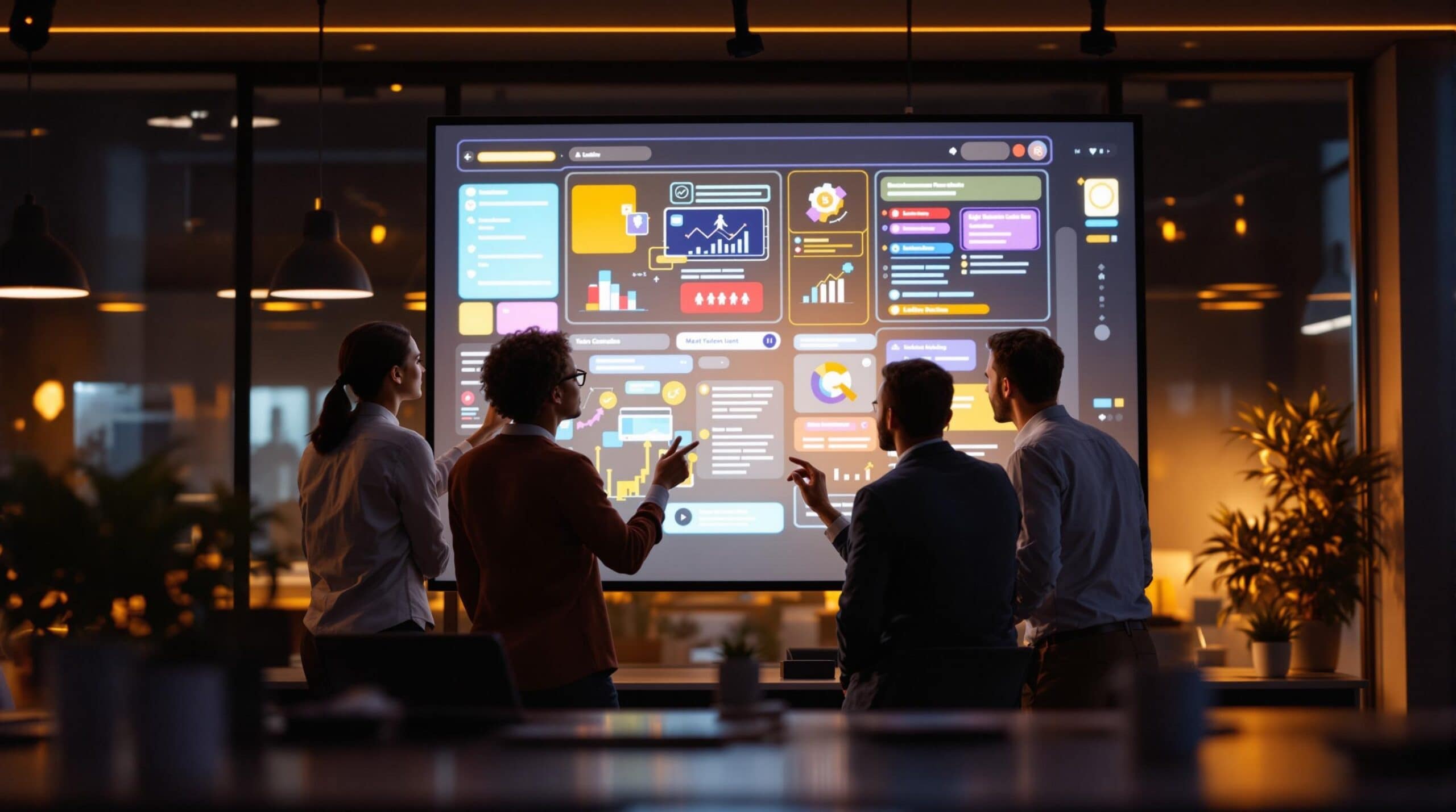 People chatting in front of a data screen.