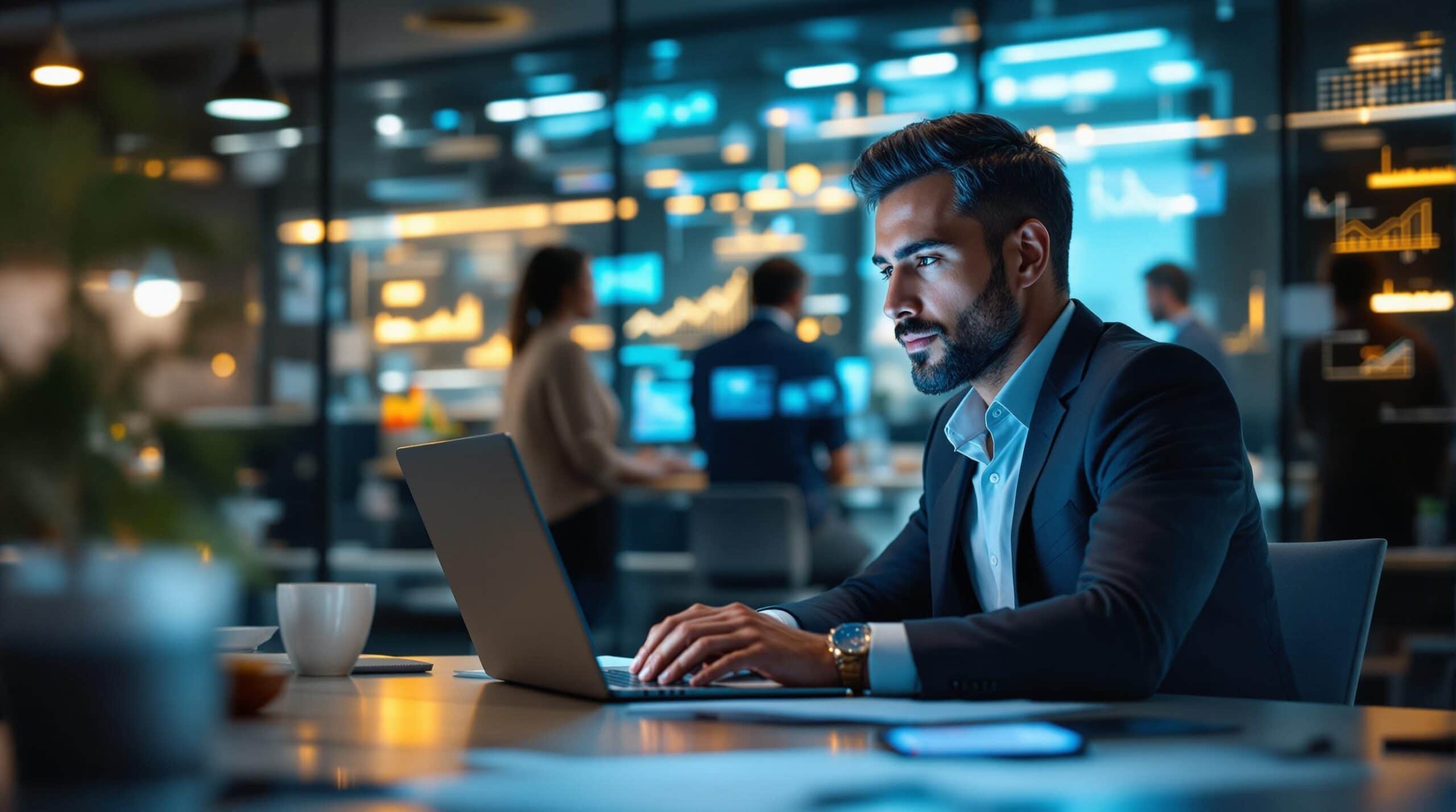 Man working on a computer in a modern office.