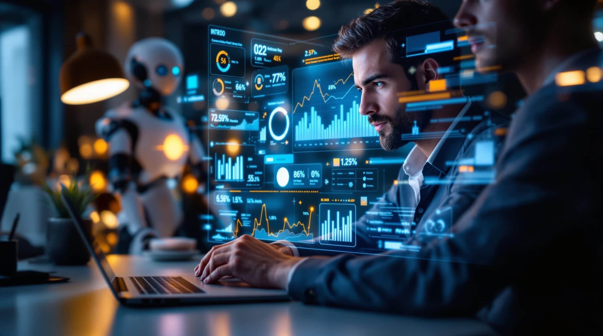 Man works on computer with analytical data.