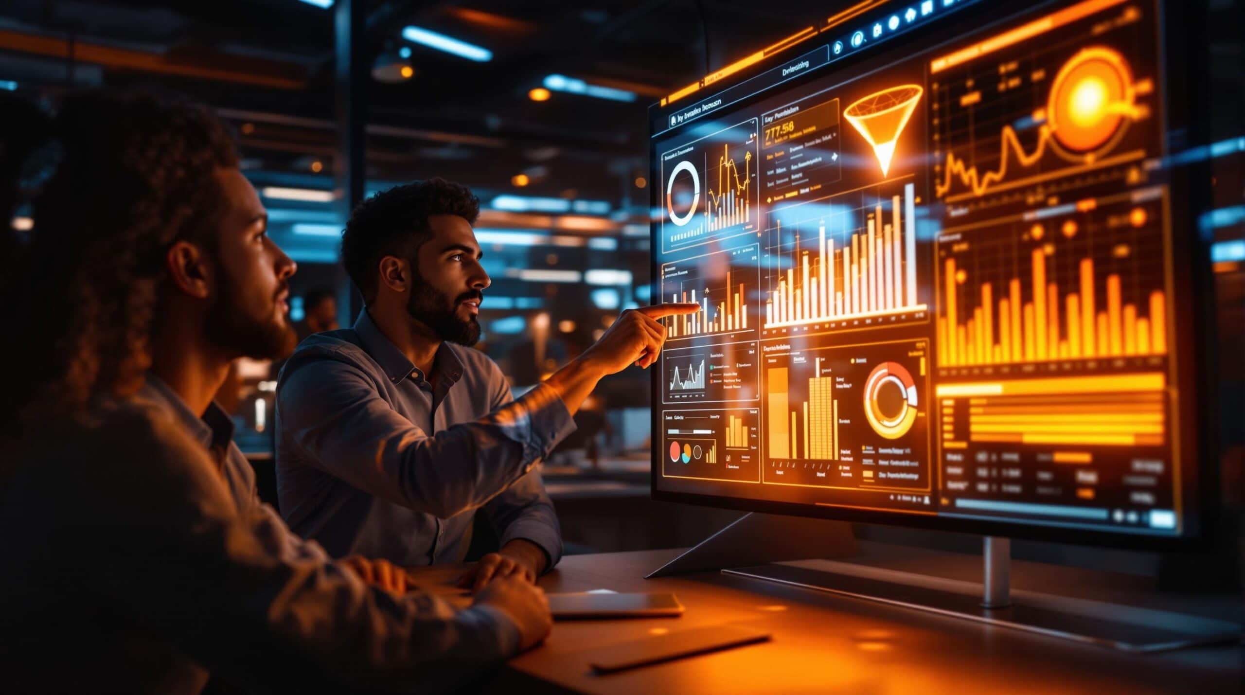 Deux hommes analysent des graphiques sur écran lumineux.