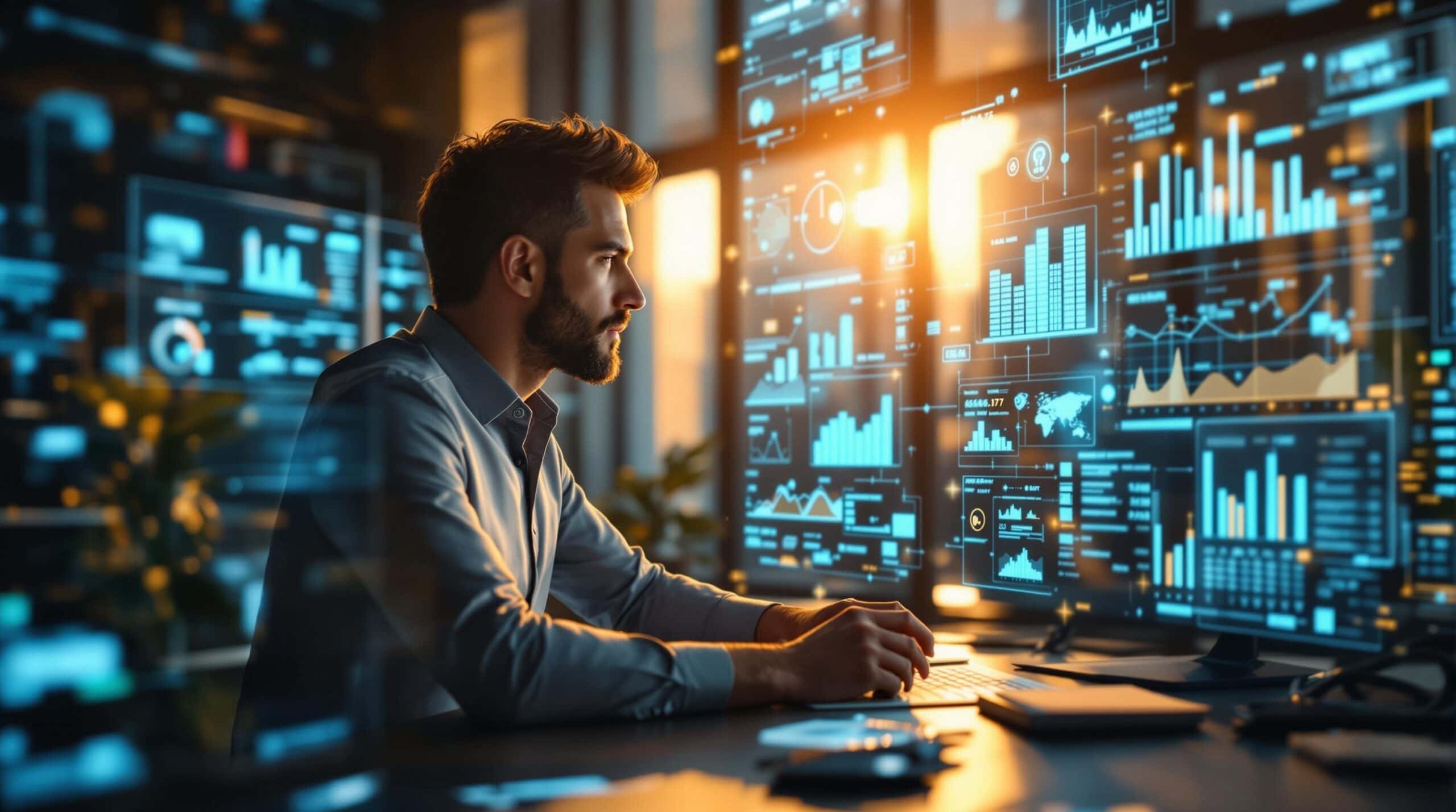 Homme analysant données sur écrans, bureau moderne.