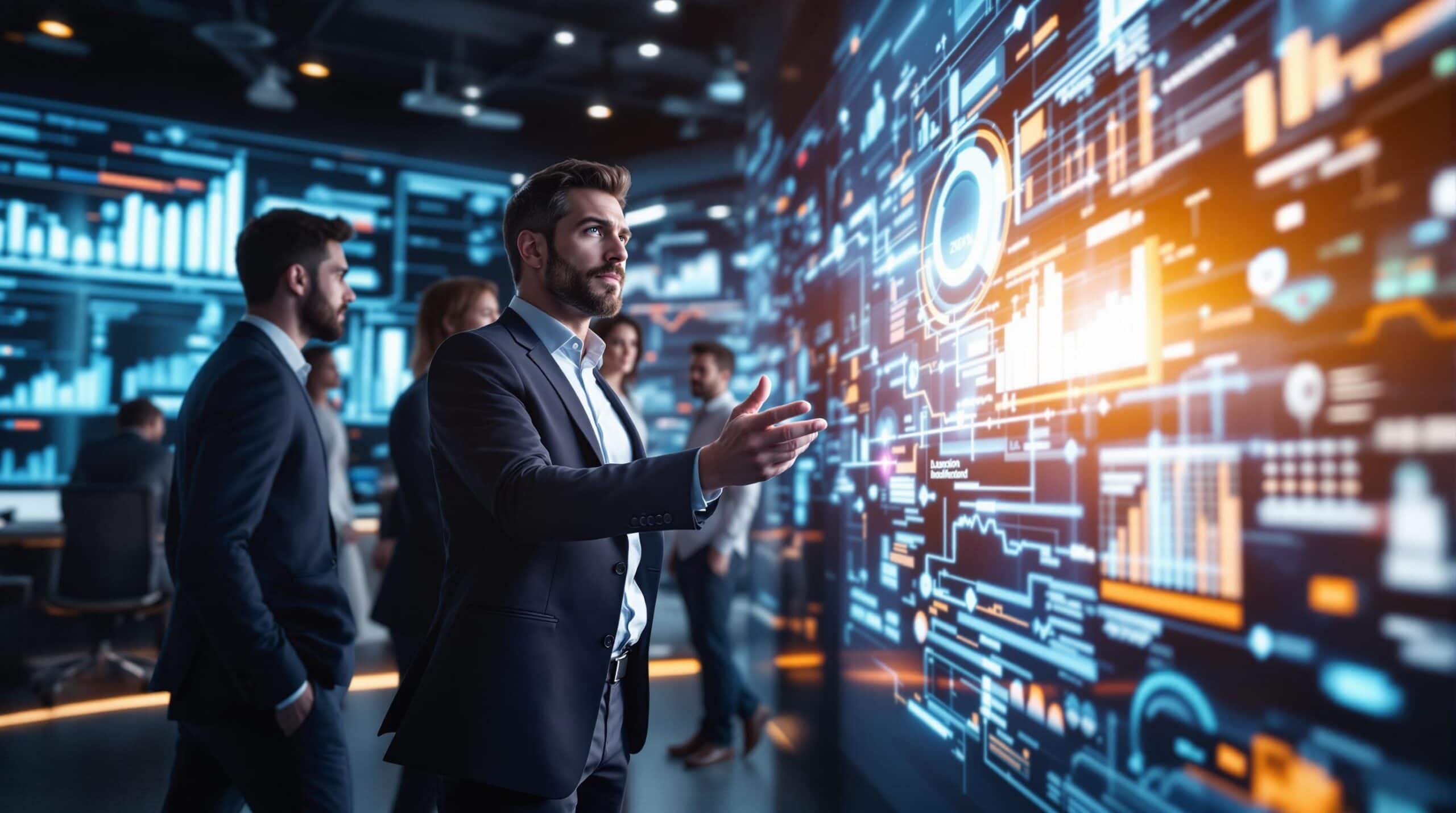 Homme en costume devant écran de données technologiques