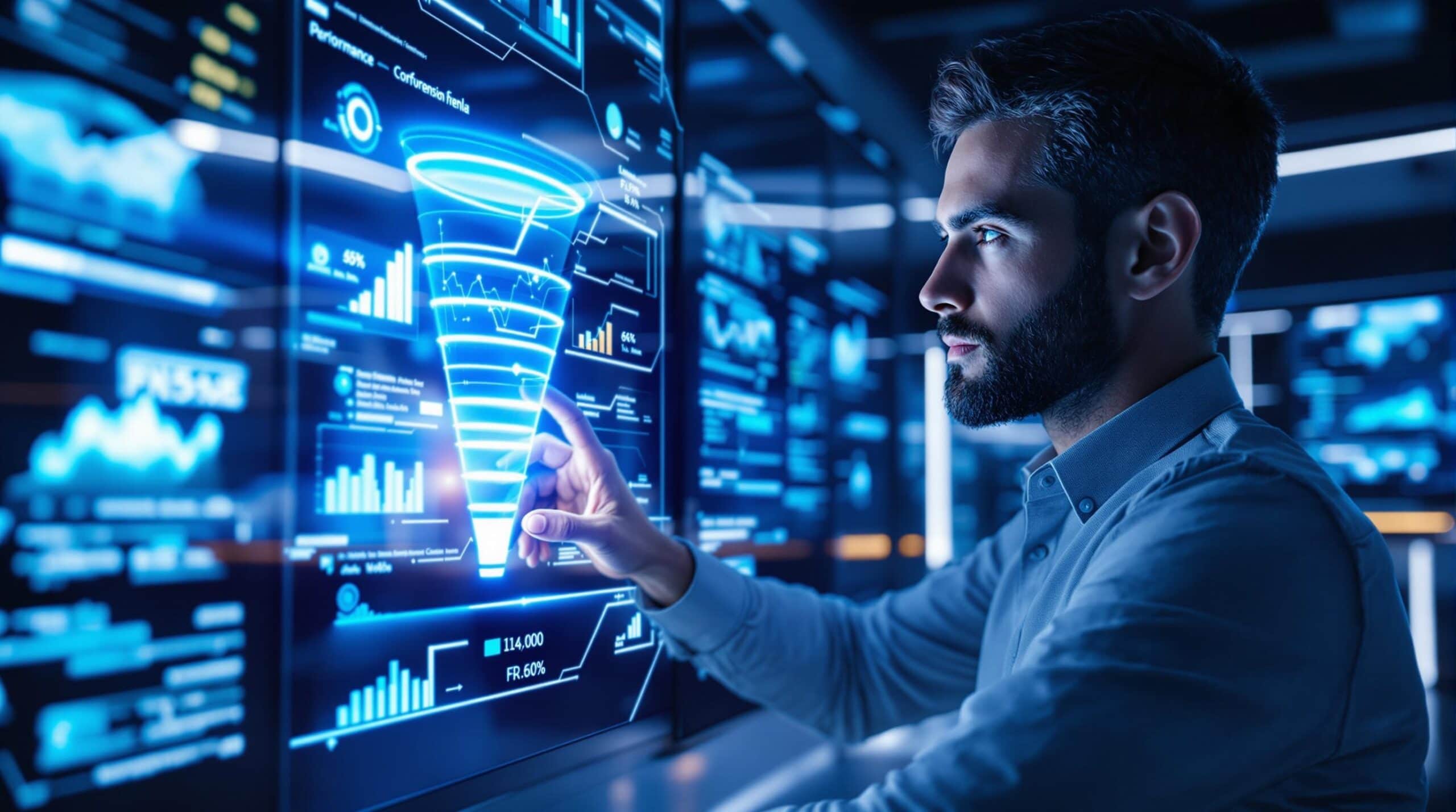 Man interacting with interactive data analysis screen.