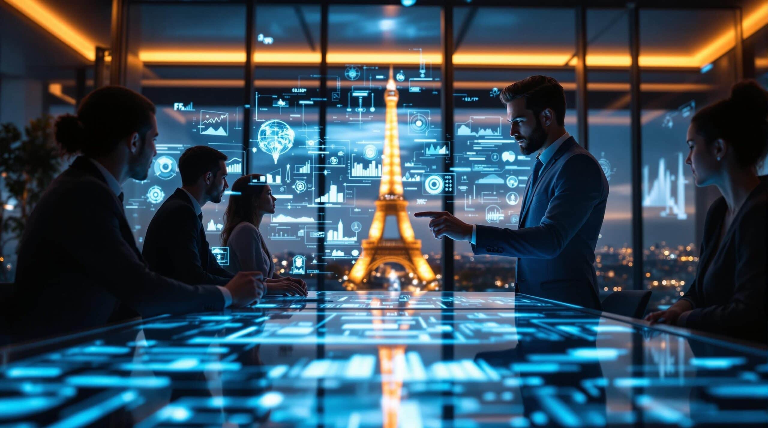 Réunion de travail innovante à Paris avec technologie.