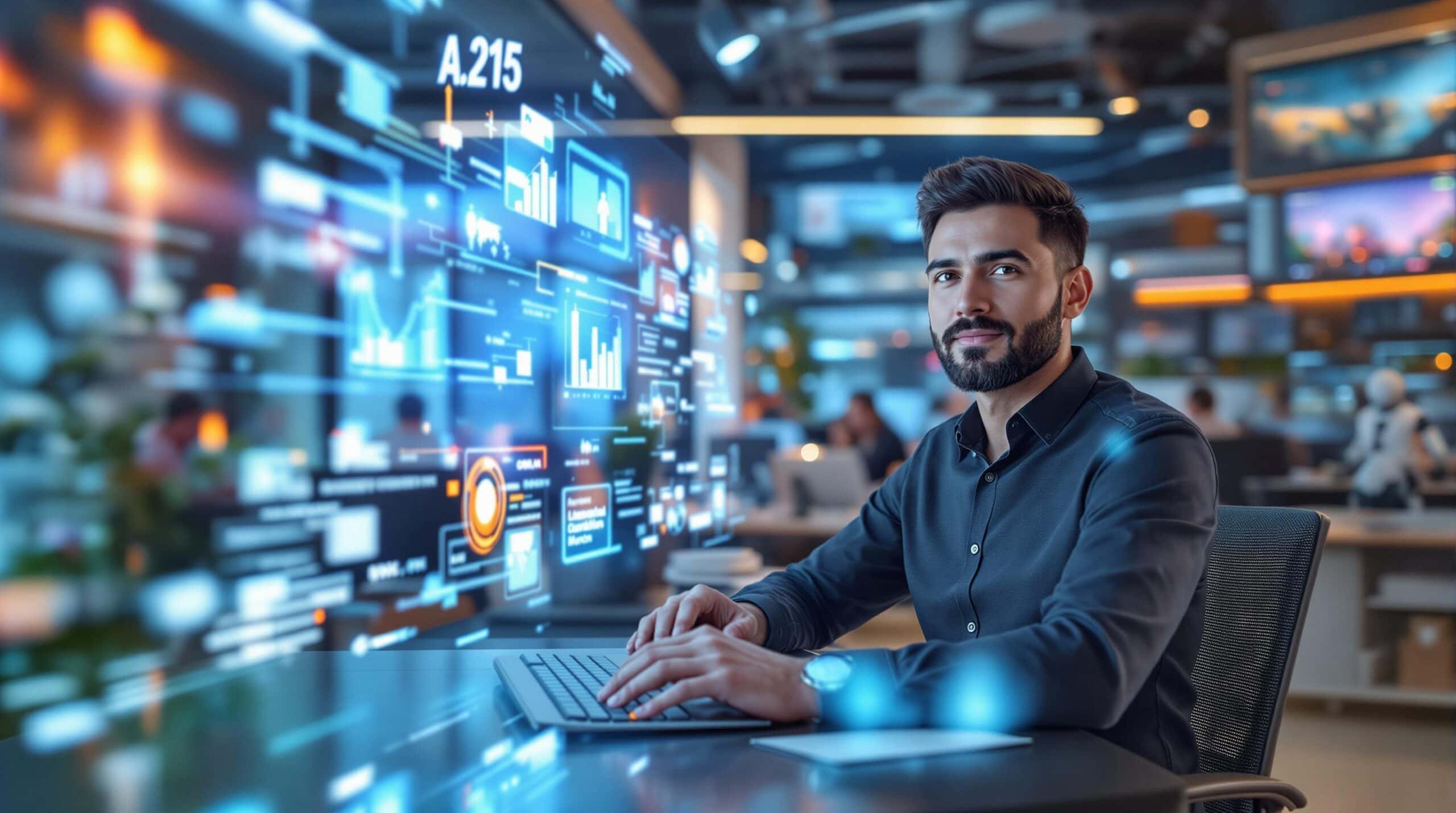 Analyst in front of a digital data screen