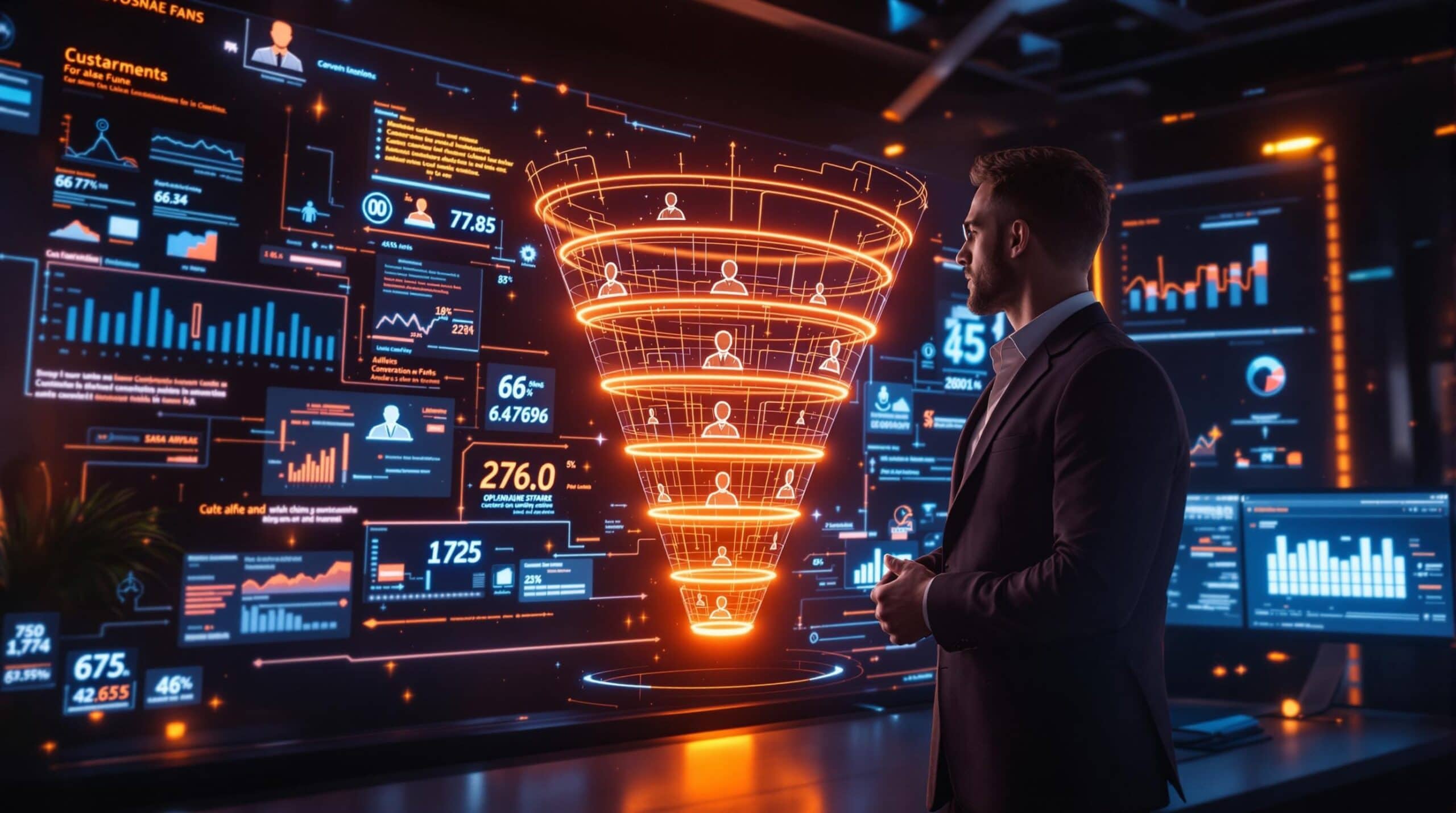 Man analyzing data on digital screens.