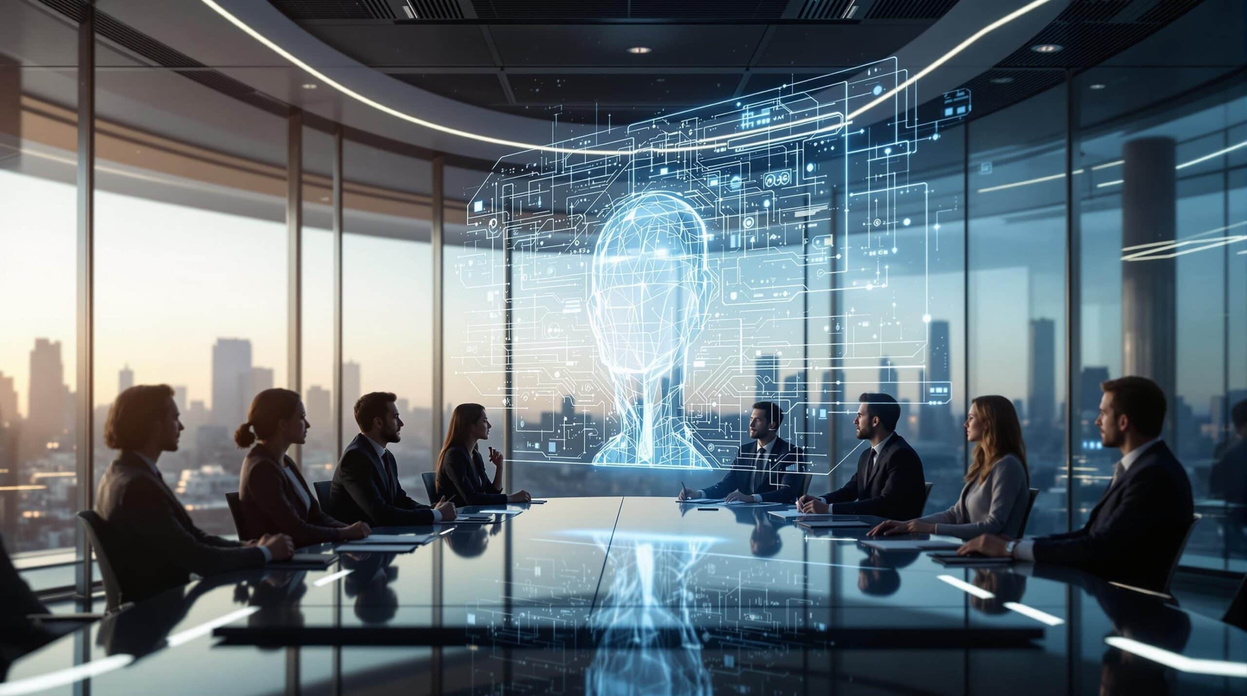 Réunion d'entreprise avec projection de tête numérique.