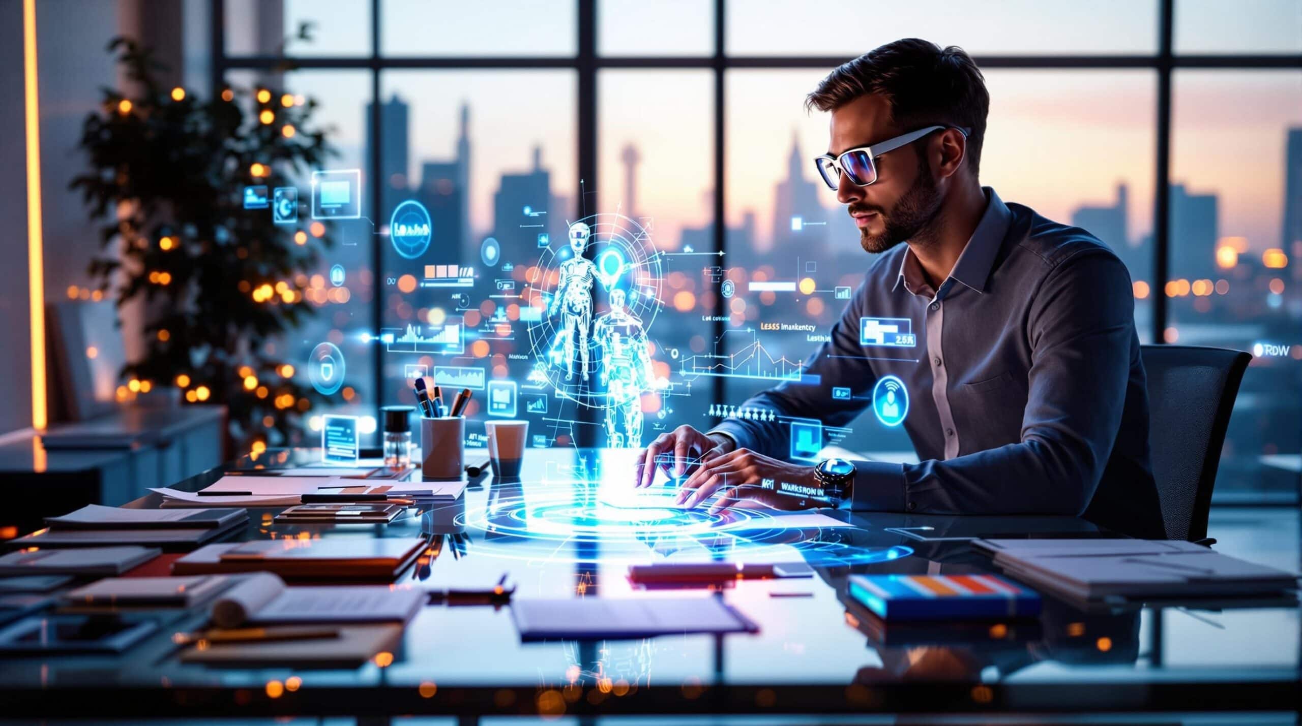 Homme utilisant hologrammes numériques au bureau moderne.