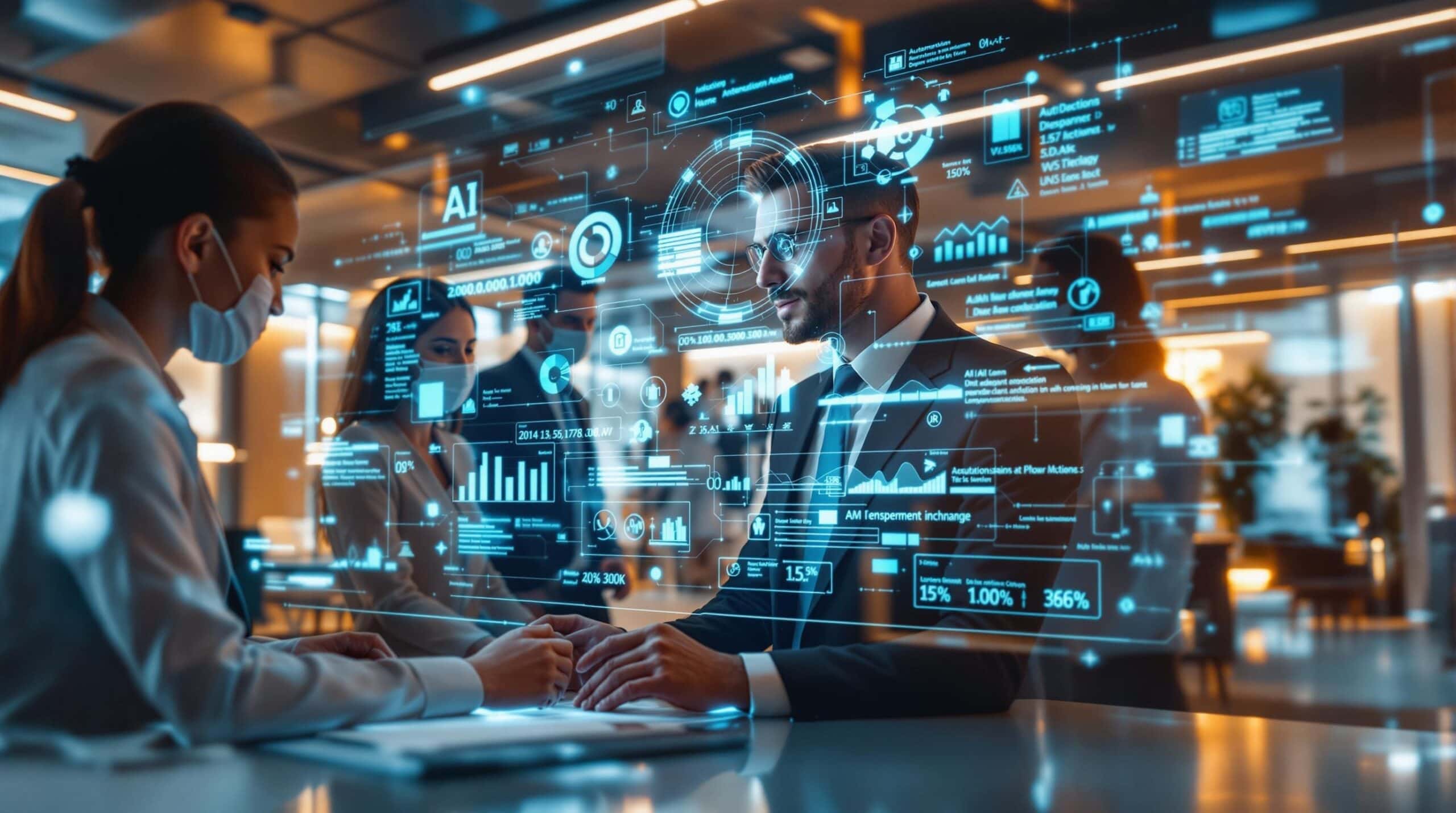 Discussion d'affaires avec écran de données numériques futuriste.