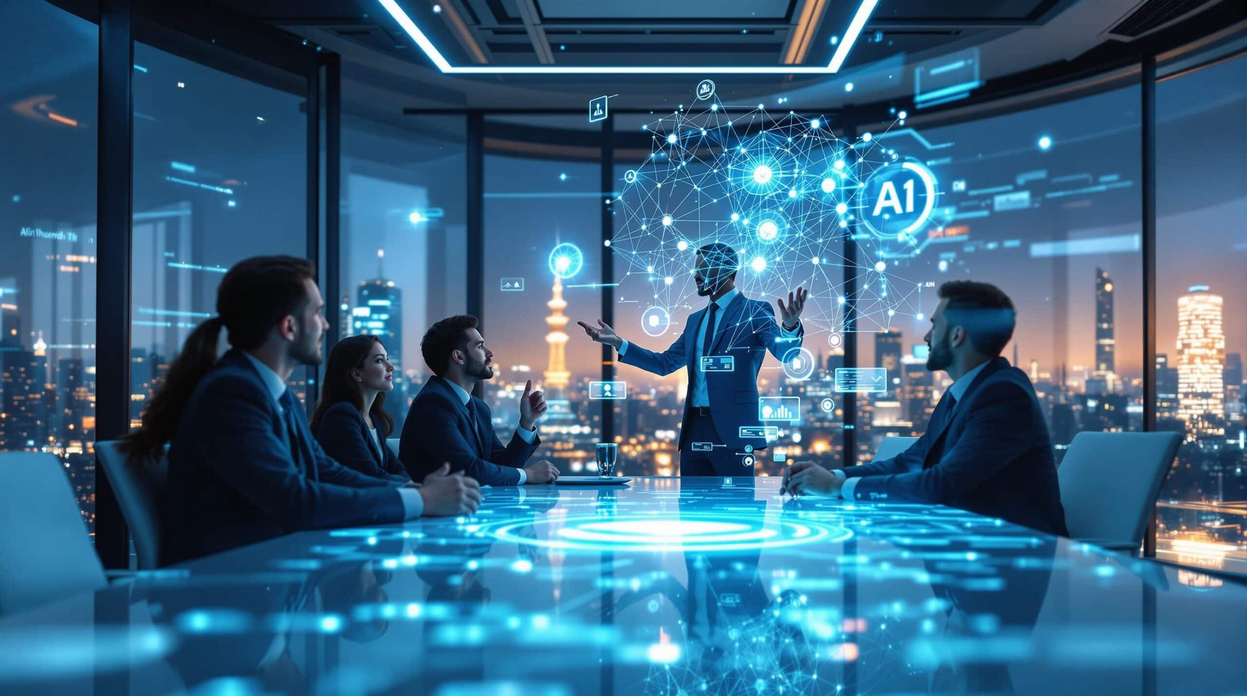 Réunion professionnelle avec présentation sur l'intelligence artificielle.