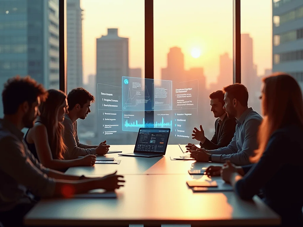 Sunset business meeting with graphics