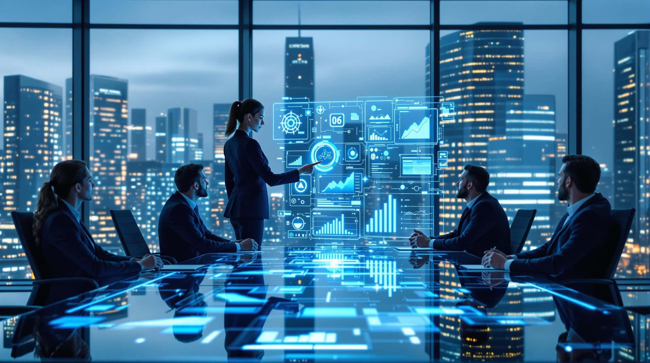 Réunion d'affaires avec présentations de données numériques.