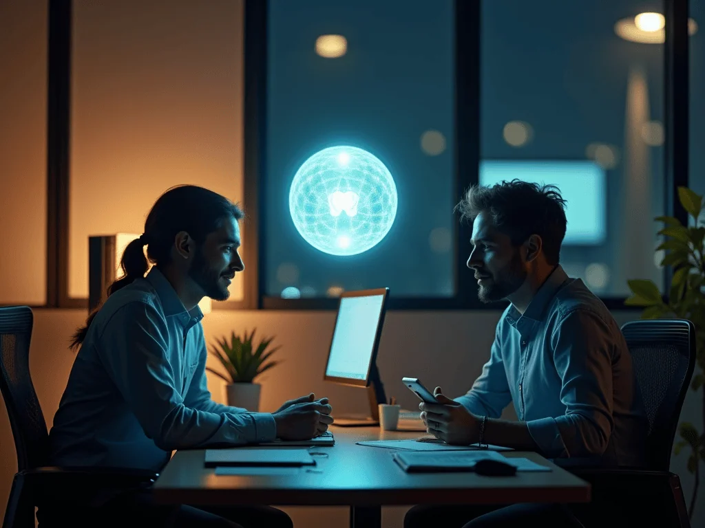 Two men talking in an office, hologram between them.