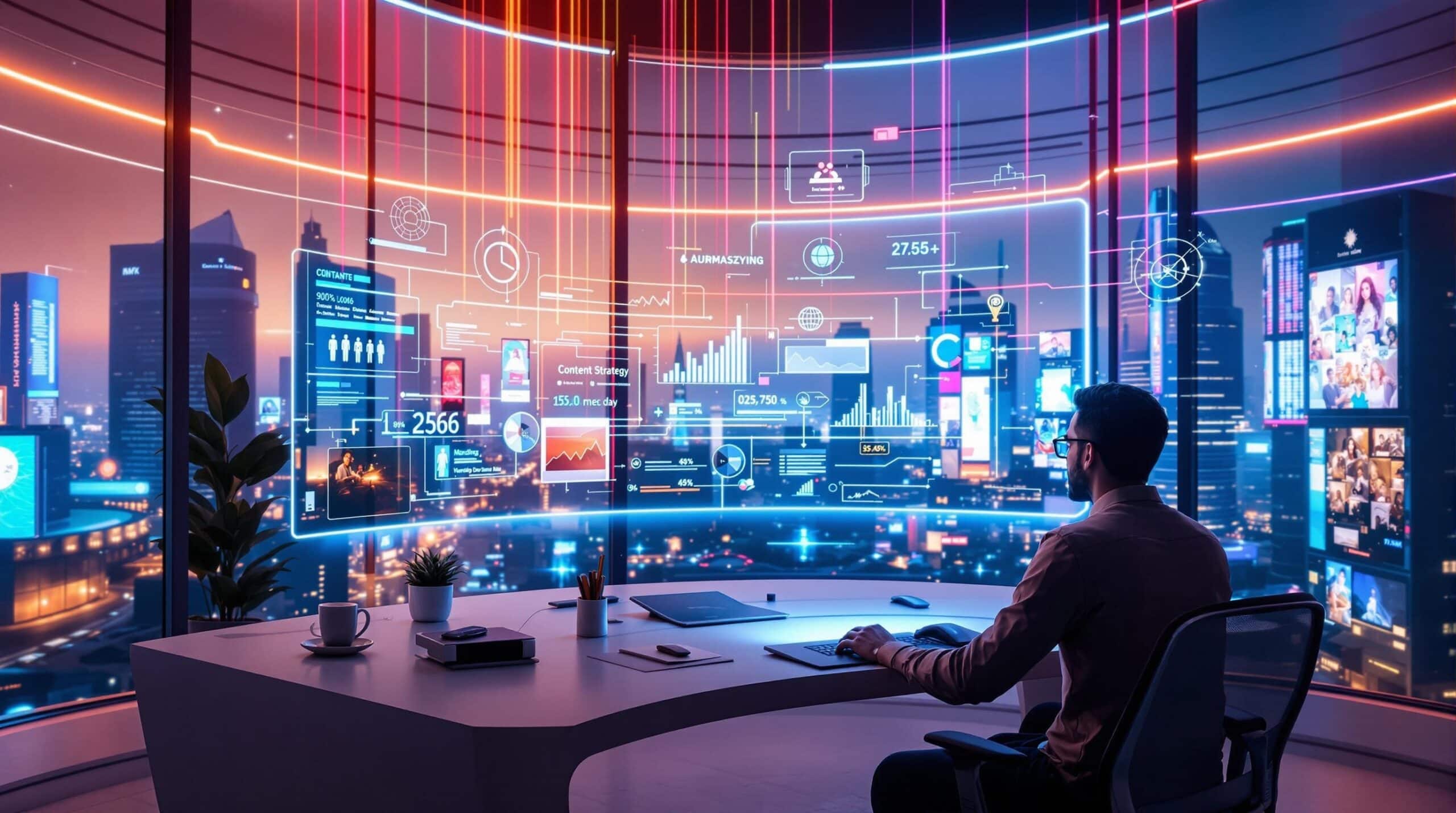 Homme travaillant avec données sur écran holographique.