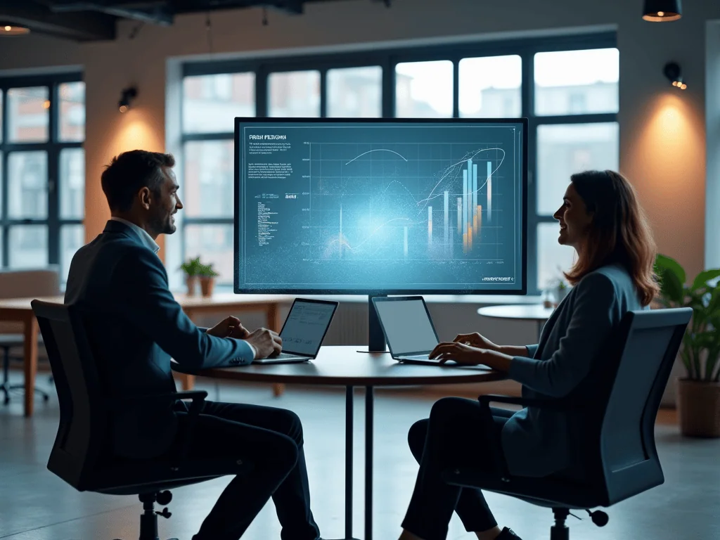 Deux personnes discutent devant un écran de données.