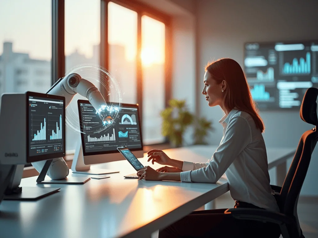 Woman using robot and computer to analyze data