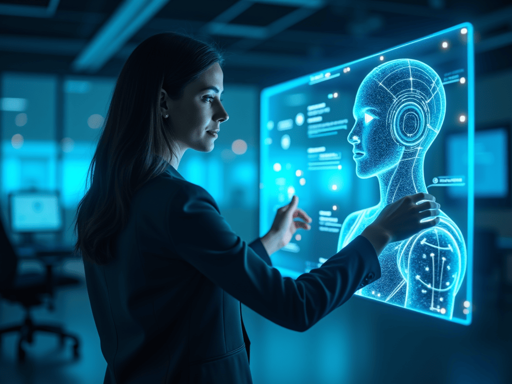 Femme interagissant avec hologramme de robot moderne.
