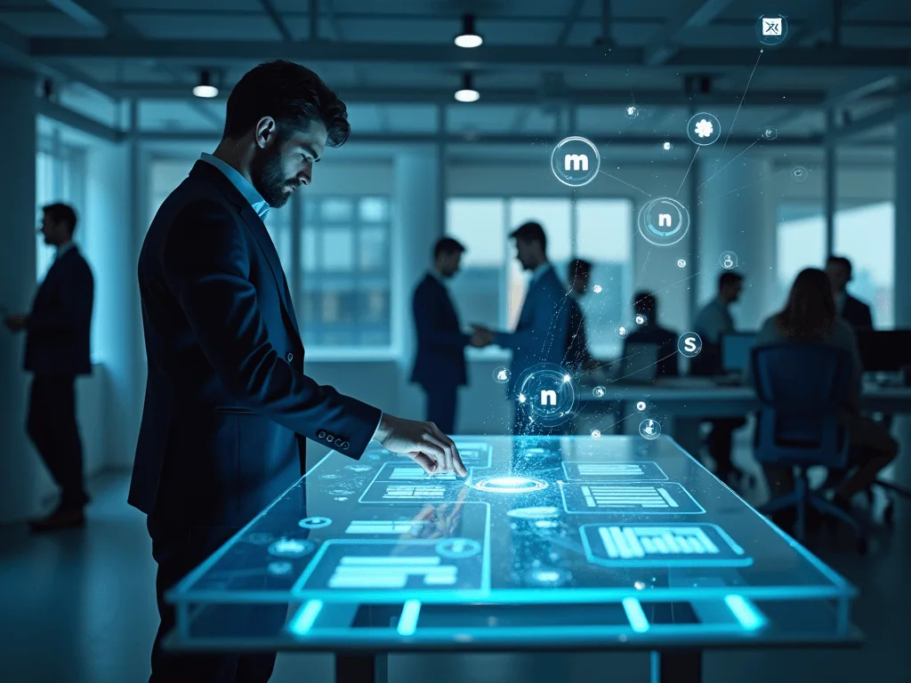 Homme interagissant avec écran tactile futuriste bureau.