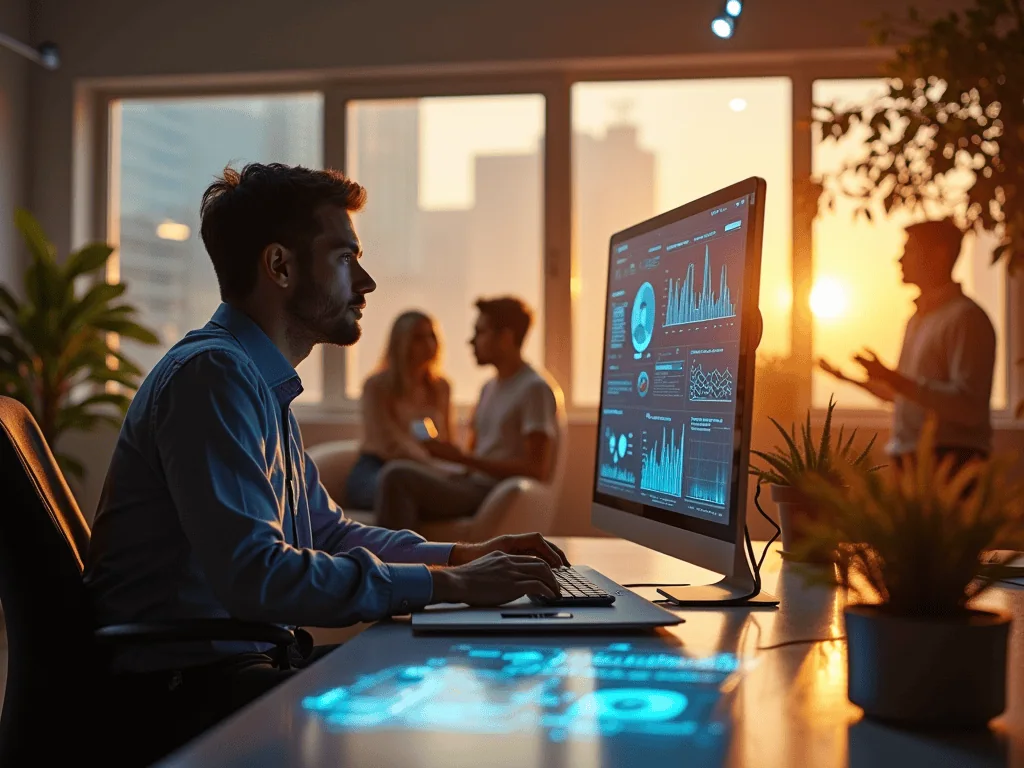 Person working on data in the office, sunset.