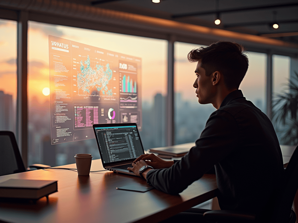 Man working on laptop with data displayed.