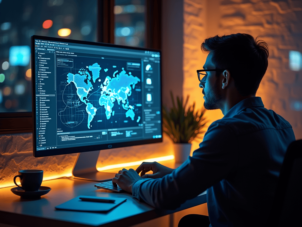 Man working on computer with world map.