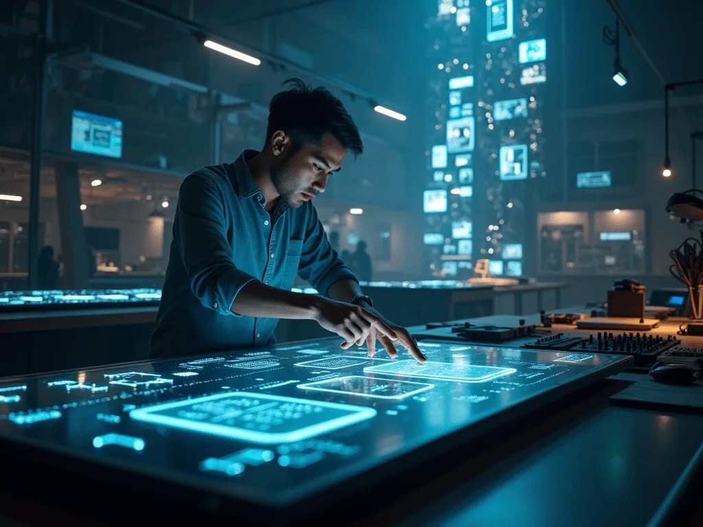 Homme utilisant écran tactile interactif en laboratoire moderne.