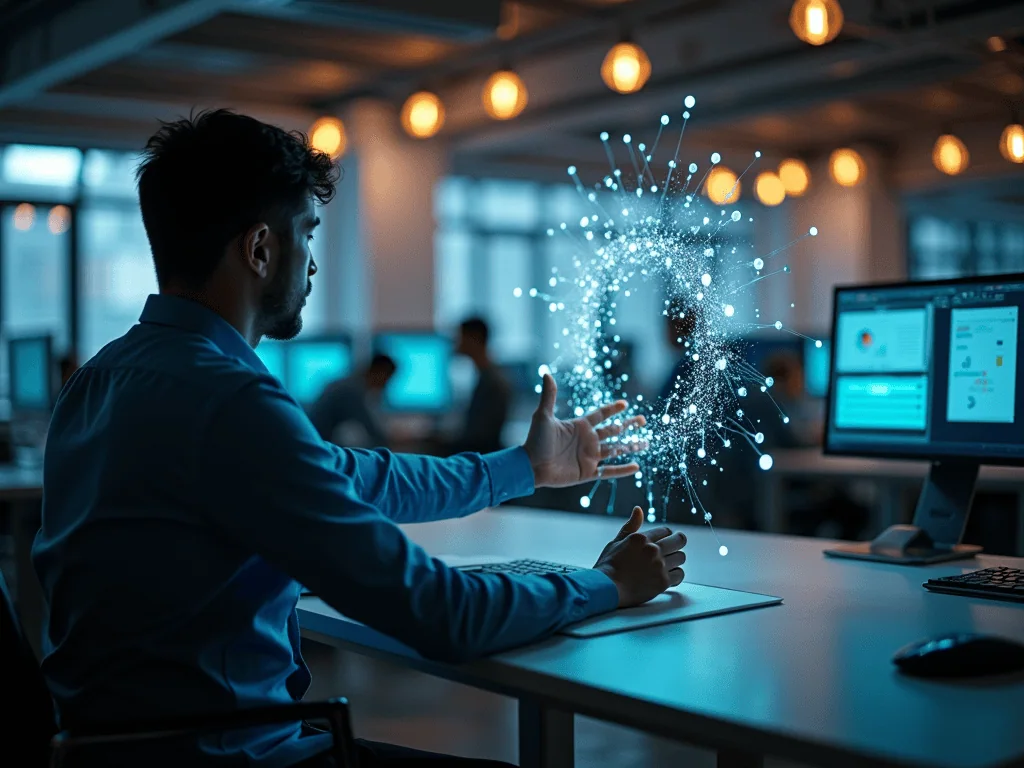 Man using holographic digital interface in office.