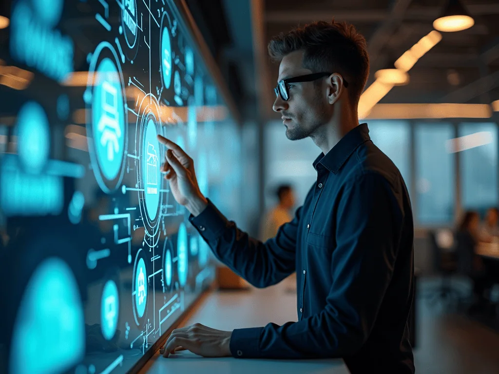 Homme utilisant écran tactile haute technologie en entreprise.
