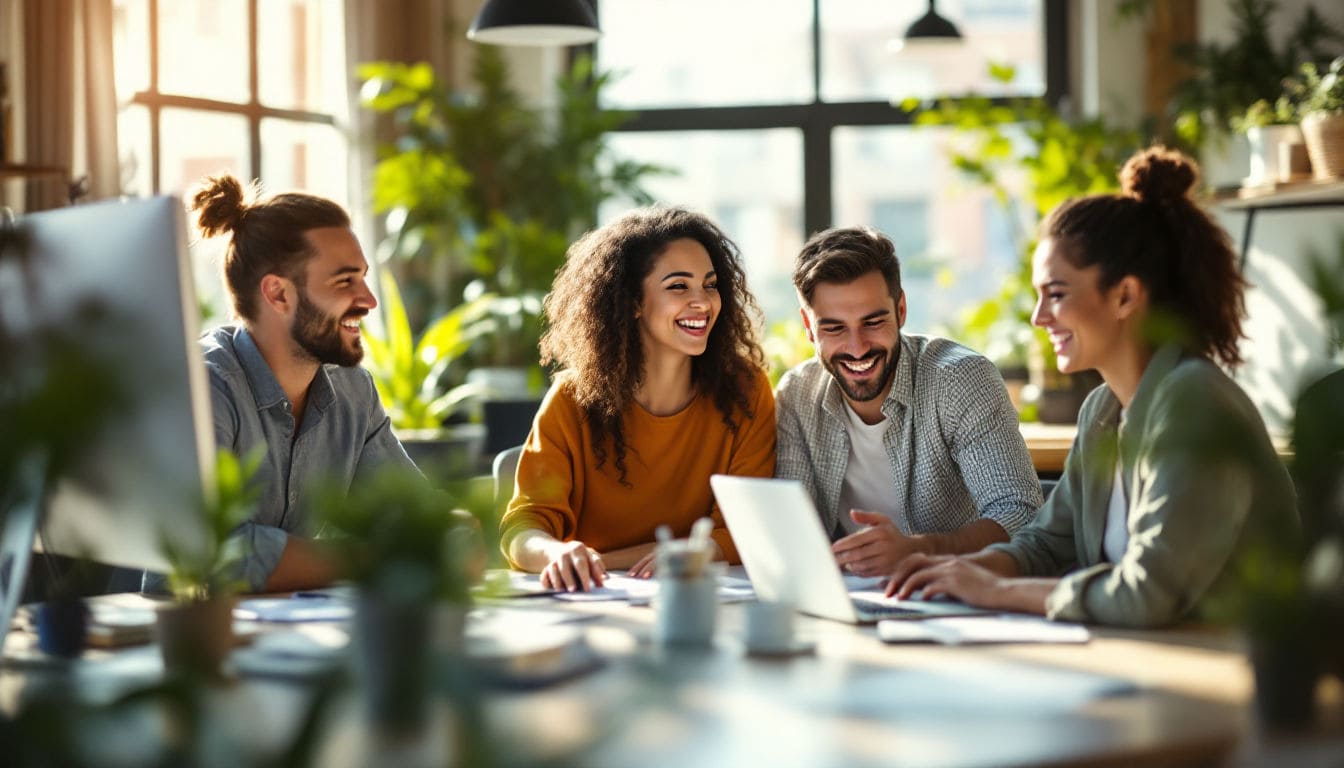 Team collaborating happily in a modern office.