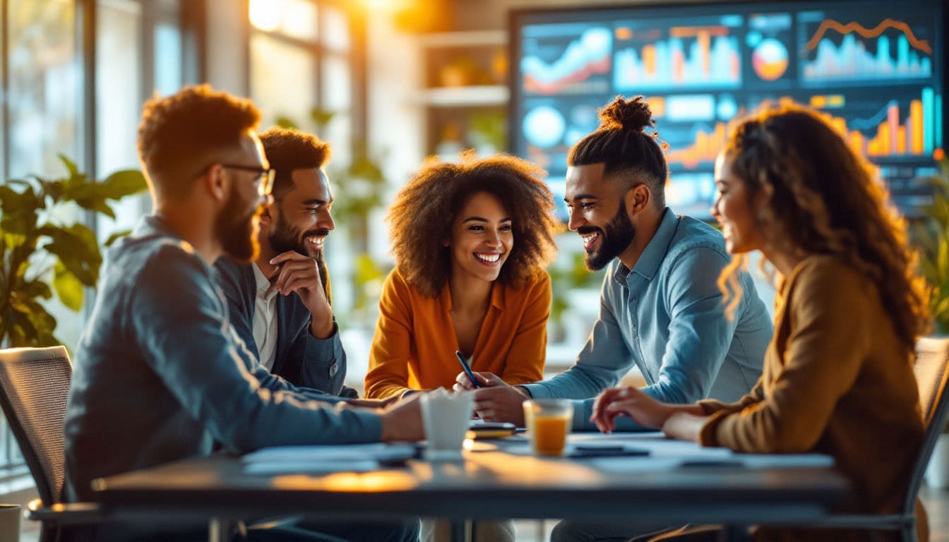 Diverse team collaborating in modern office environment.