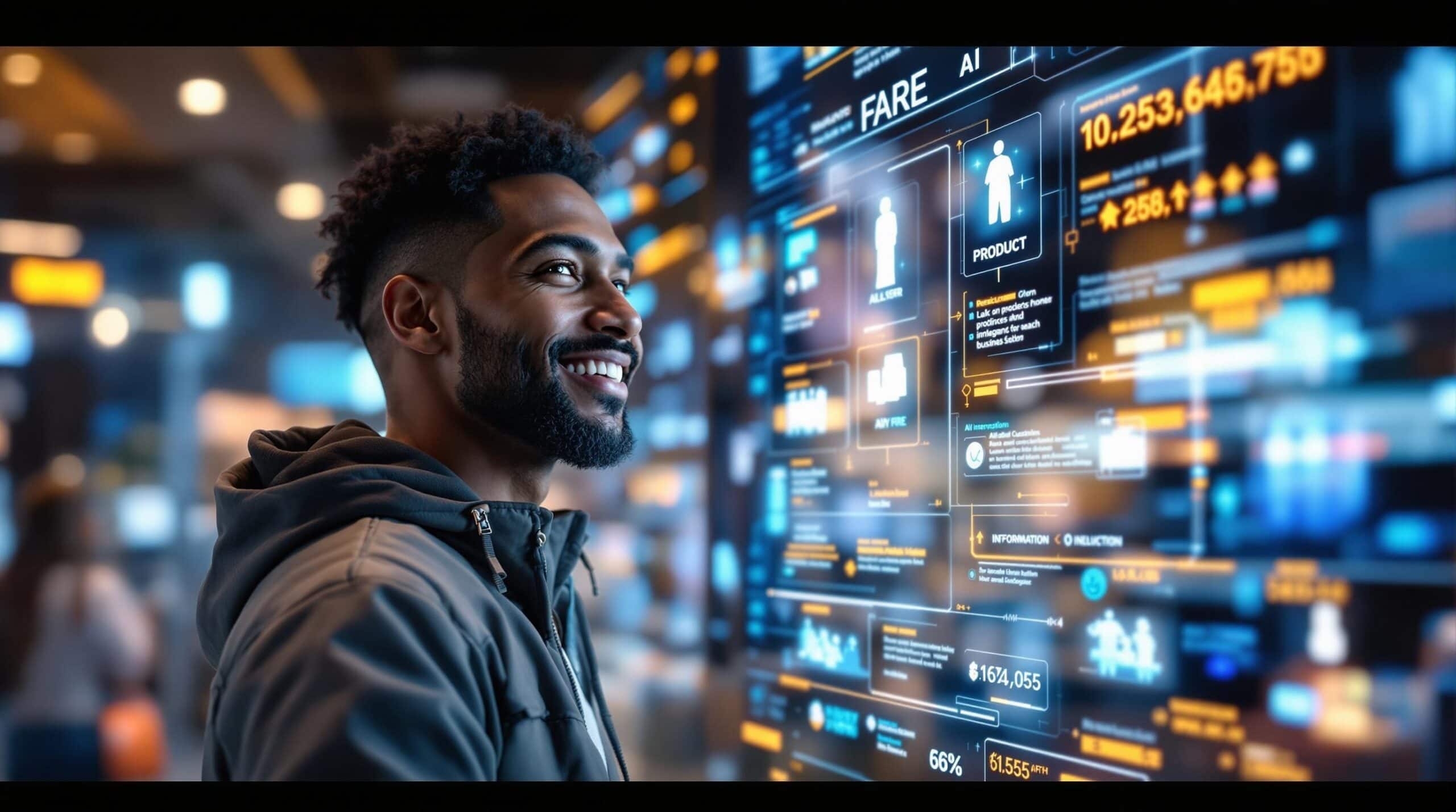 Man smiling at digital display screen.