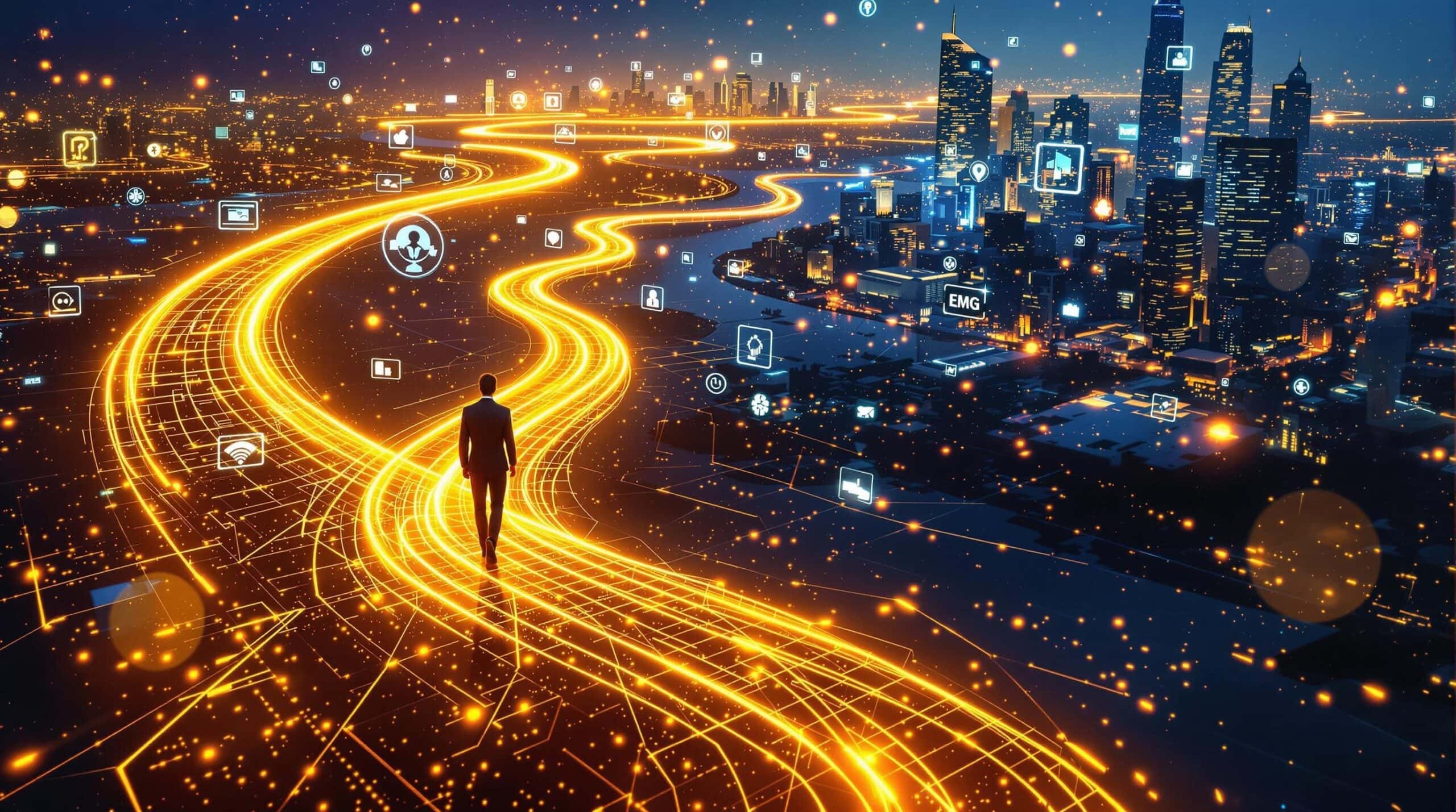 Futuristic cityscape with glowing digital pathways.