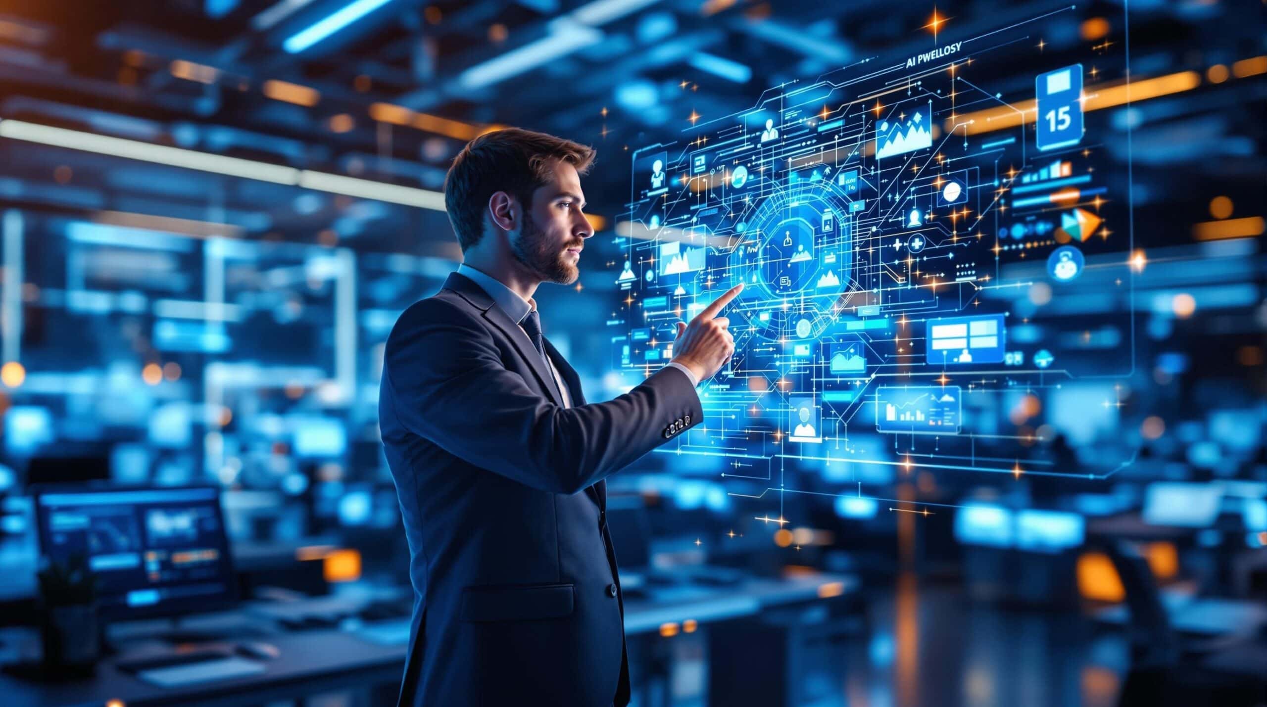 Man interacting with digital interface in tech environment.