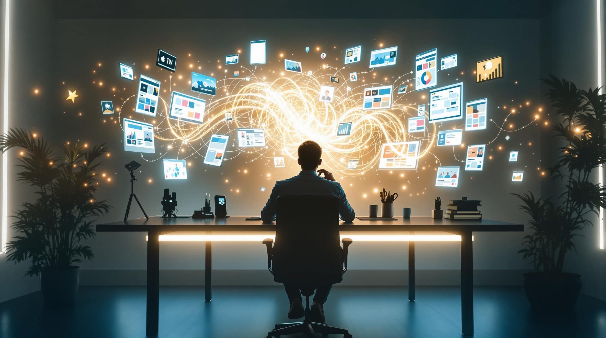 Person analyzing data on futuristic screen display.
