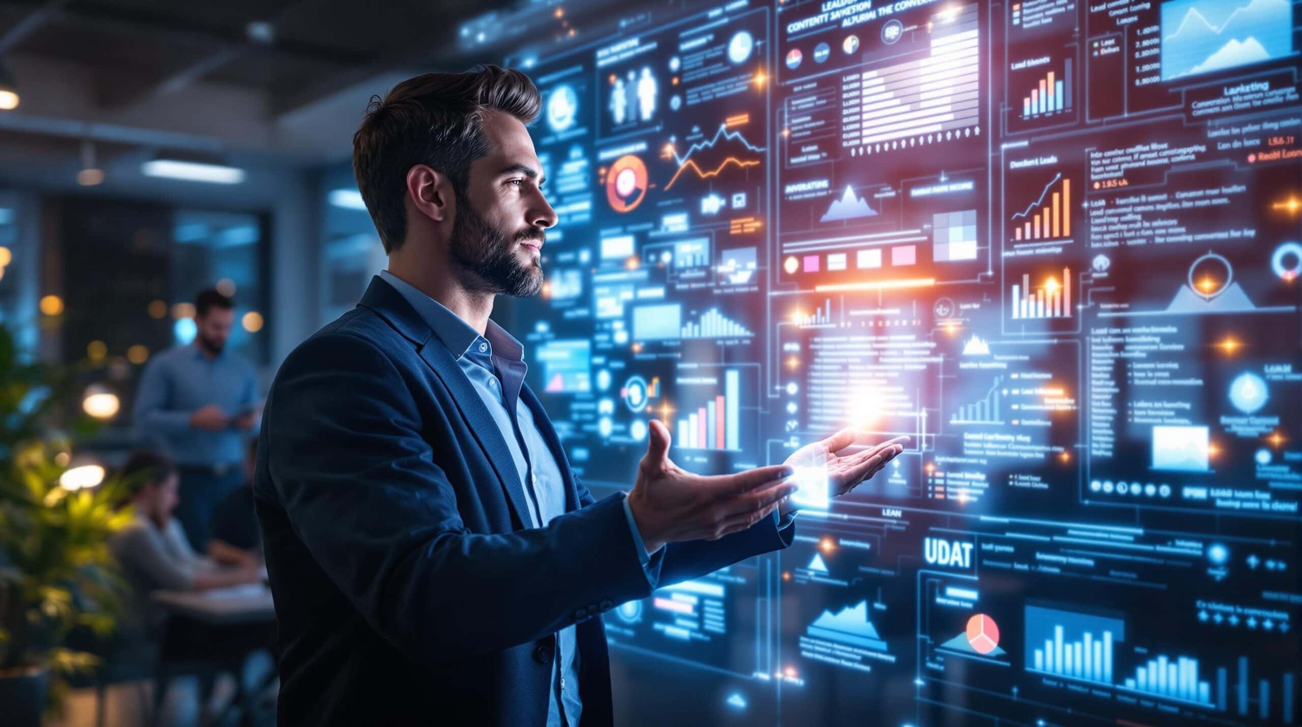 Man analyzing digital data on futuristic screen