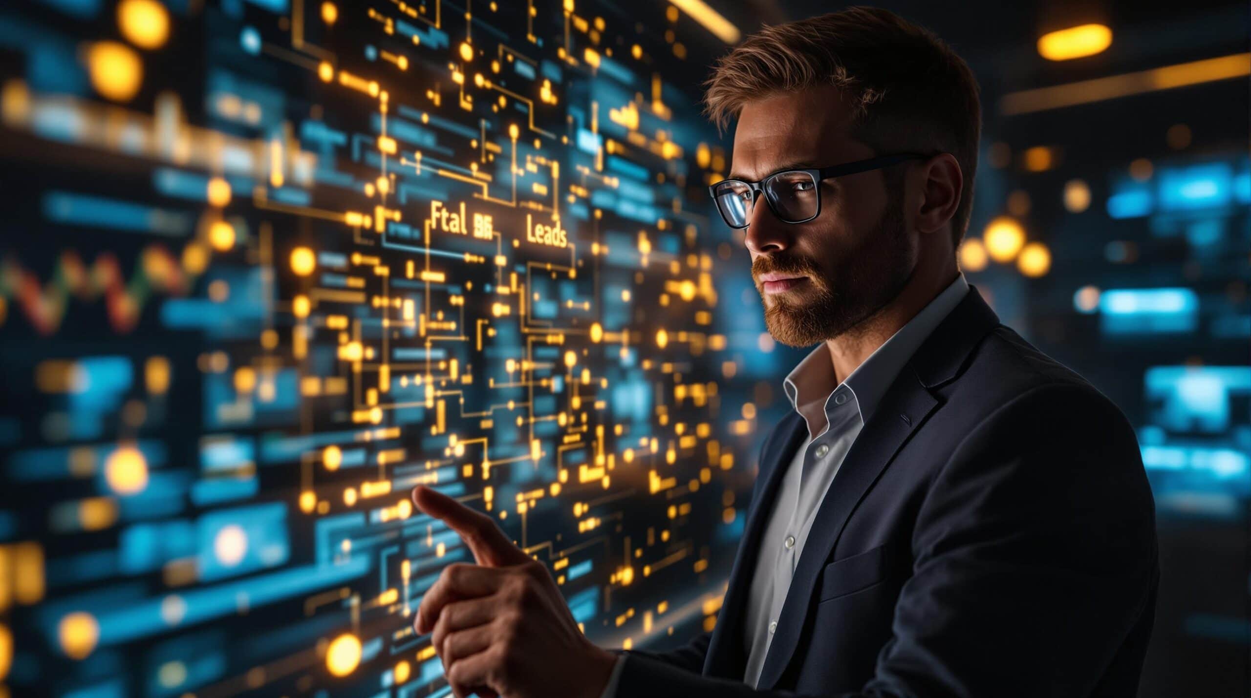 Man analyzing digital data on interactive screen.