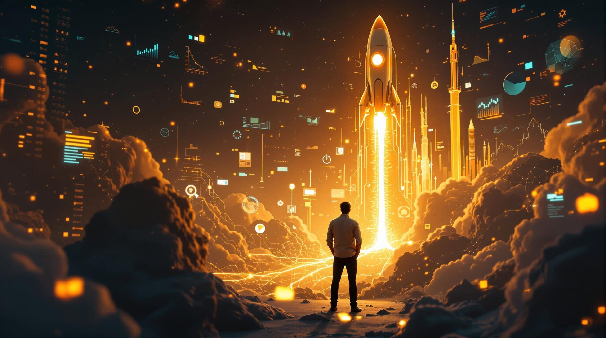 Man watching digital rocket launch, futuristic data display