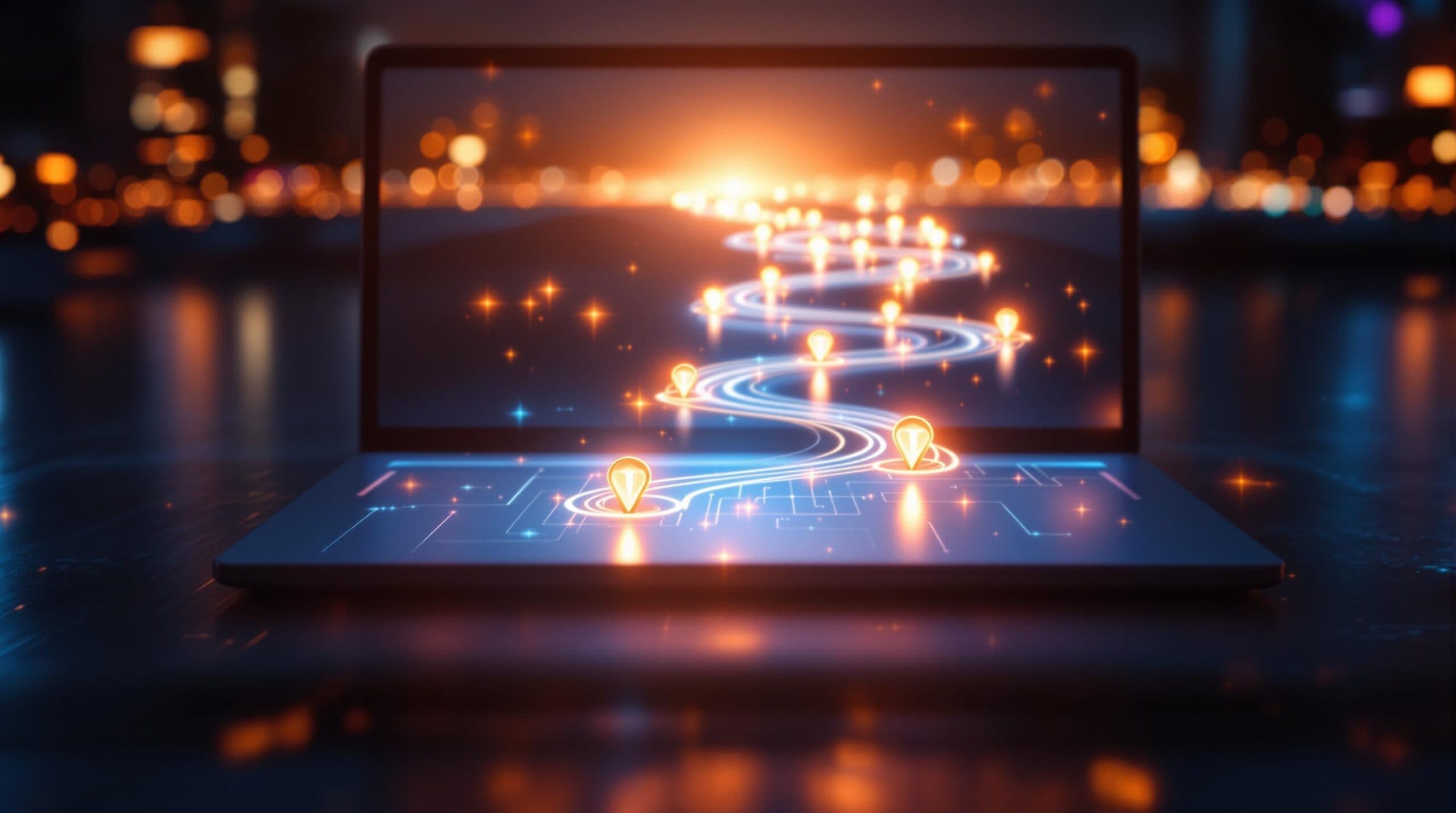 Glowing digital path emerging from laptop screen