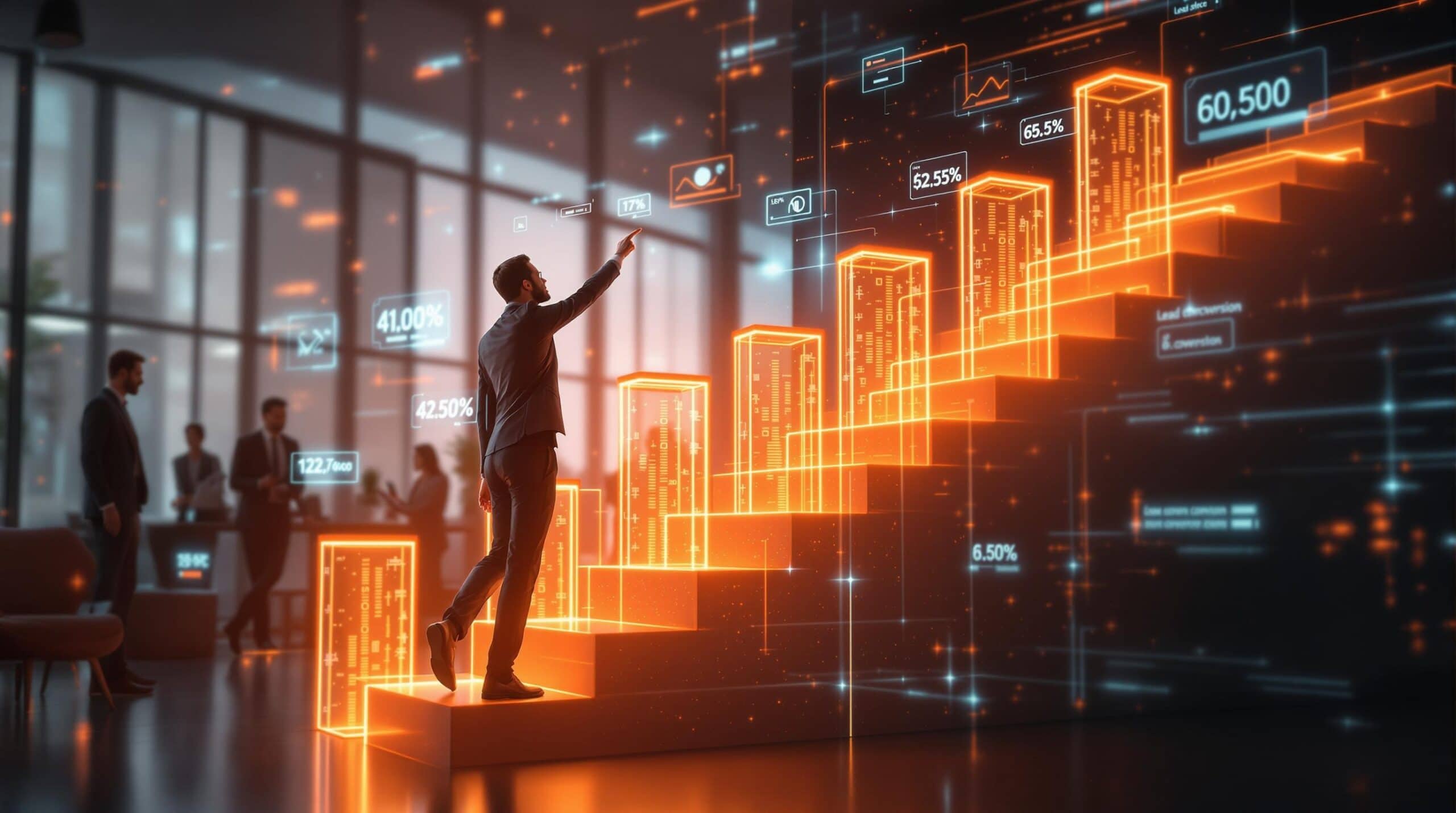 Businessman climbing digital graph staircase in tech office.