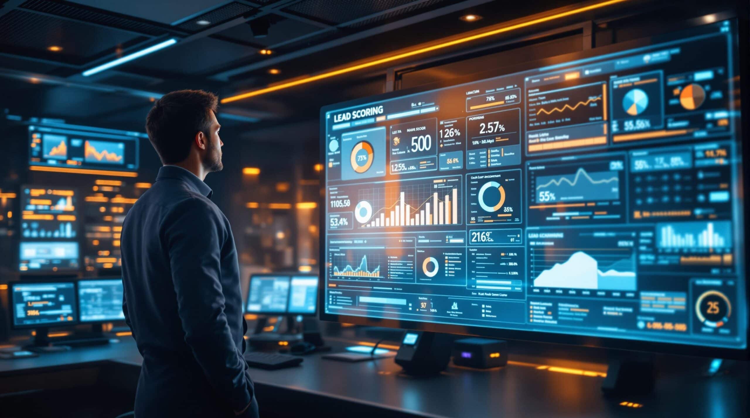 Man analyzing data on large digital screens