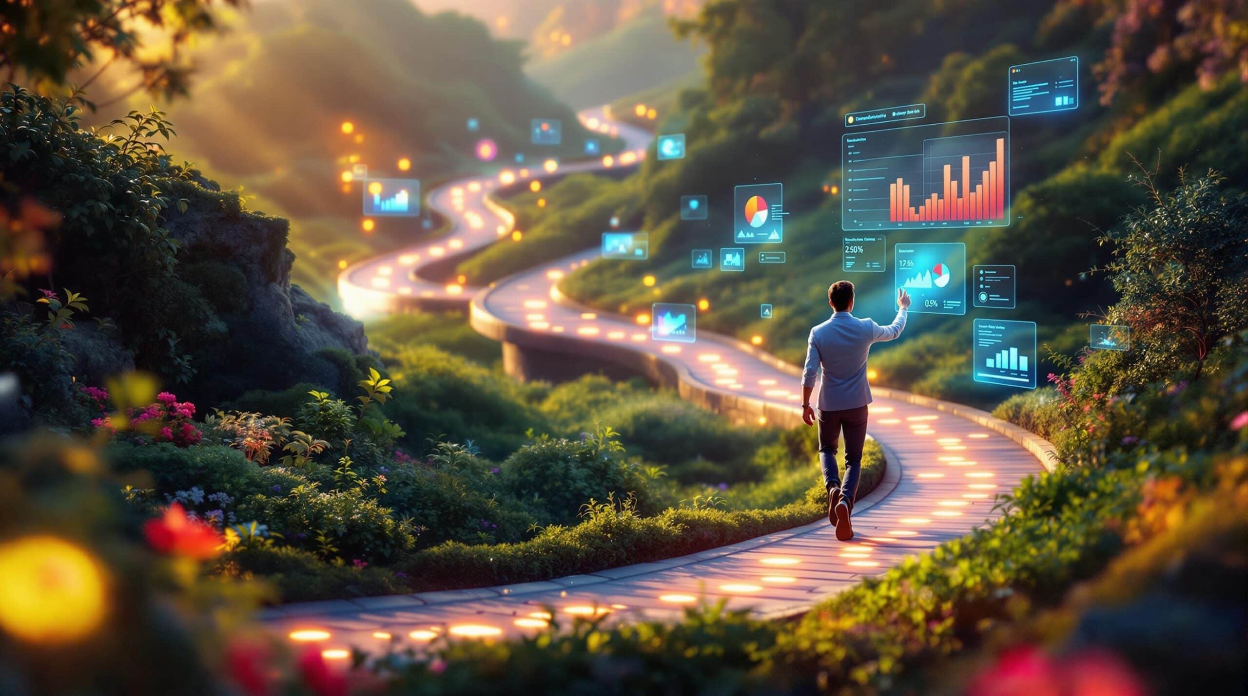 Person interacts with digital graphs on winding path.