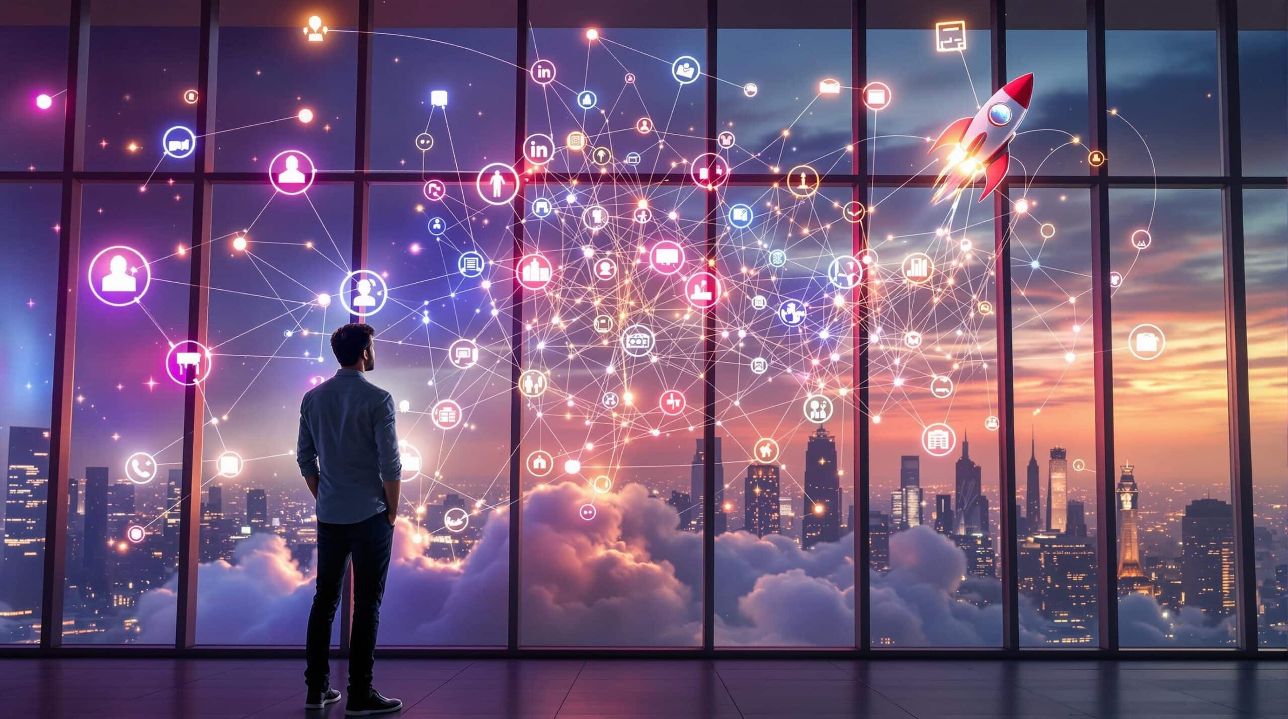 Person viewing digital network on city skyline