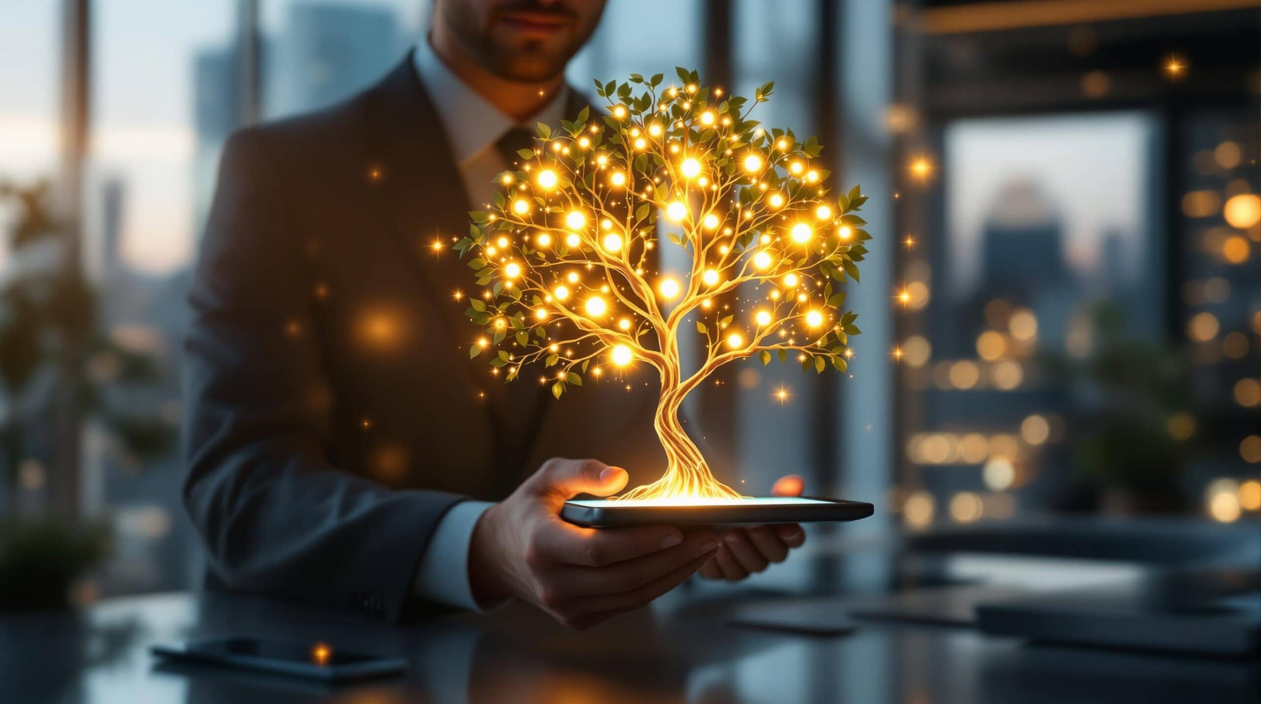 Man holding glowing digital tree on tablet.