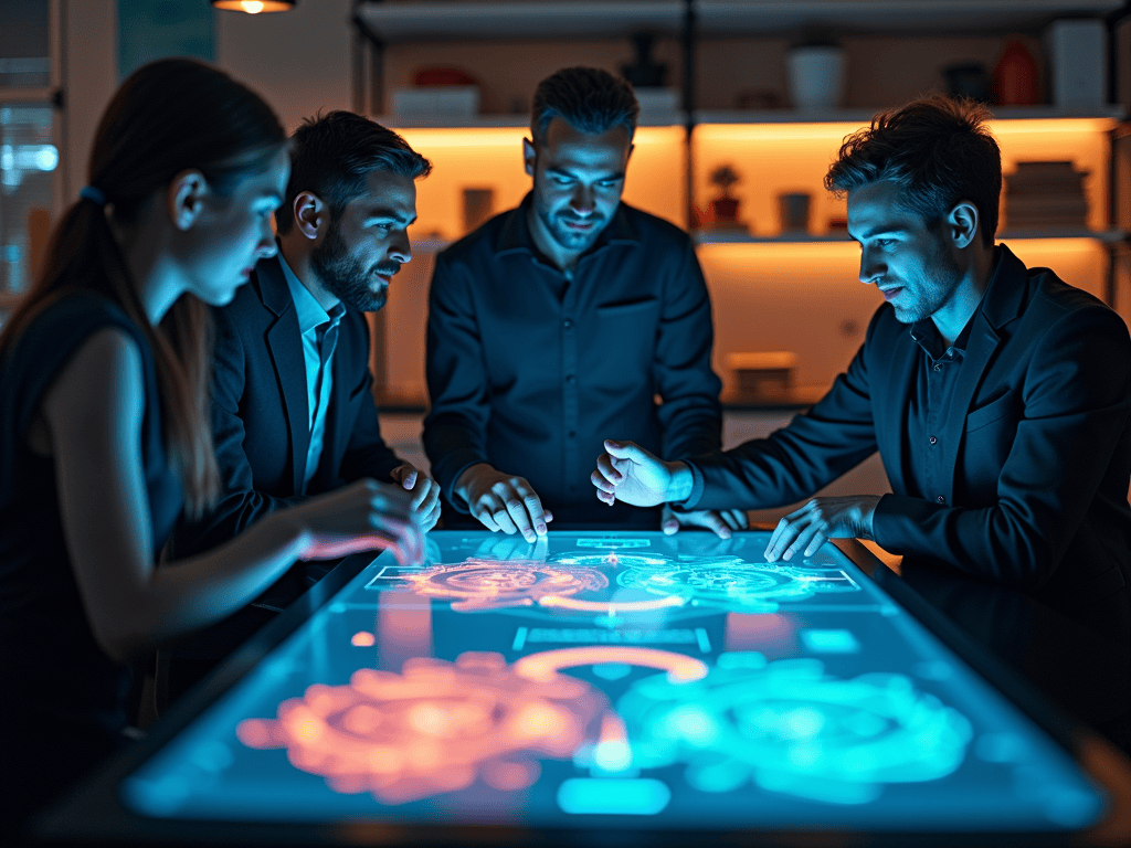 Team meeting around an interactive digital table.
