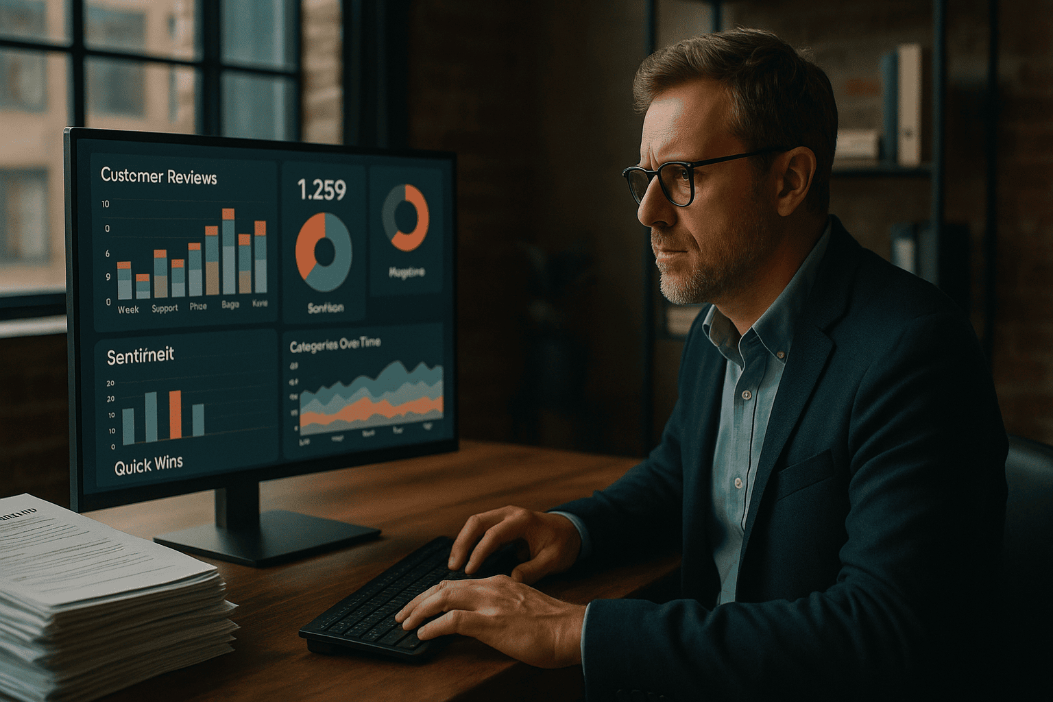 Man analyzing business graphs on computer screen.