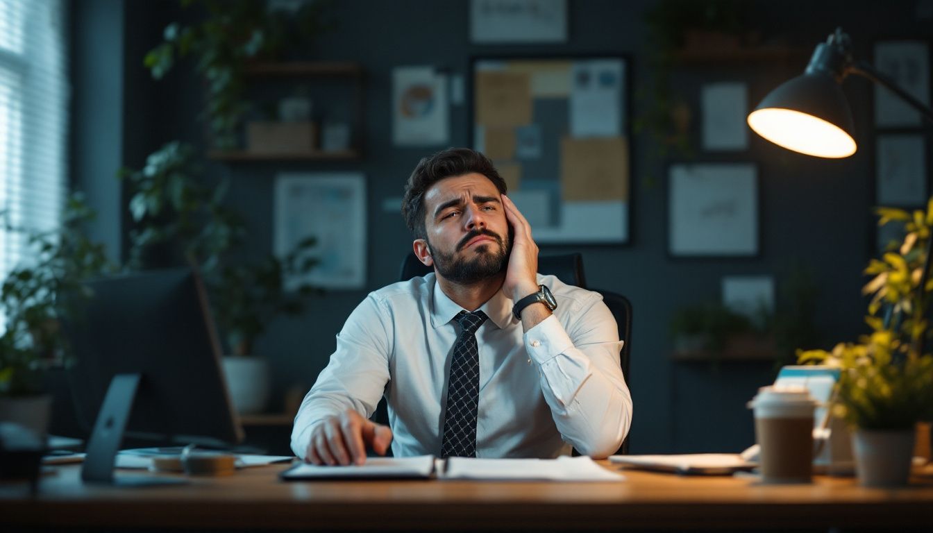 Tired businessman at desk in dimly lit office.